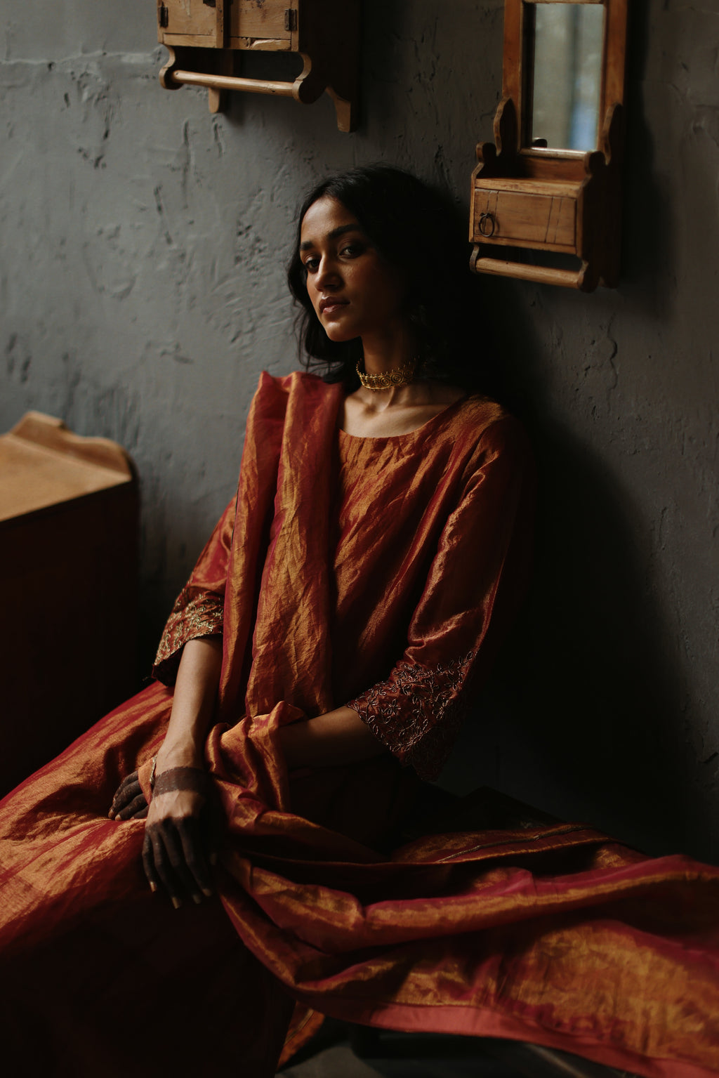 Asymmetrical Dress in Ruby Red Tissue with Pants