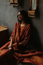 Asymmetrical Dress in Ruby Red Tissue with Pants