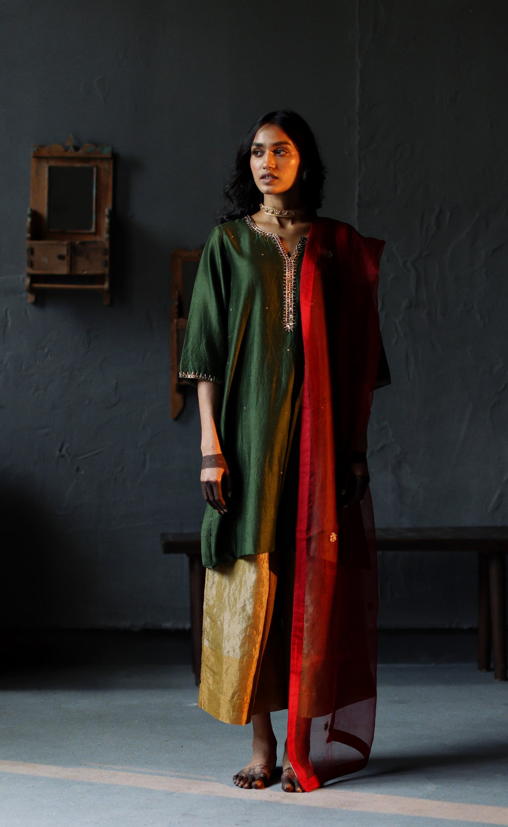 Saifi Kurta in Emerald Green Chanderi with Farshi