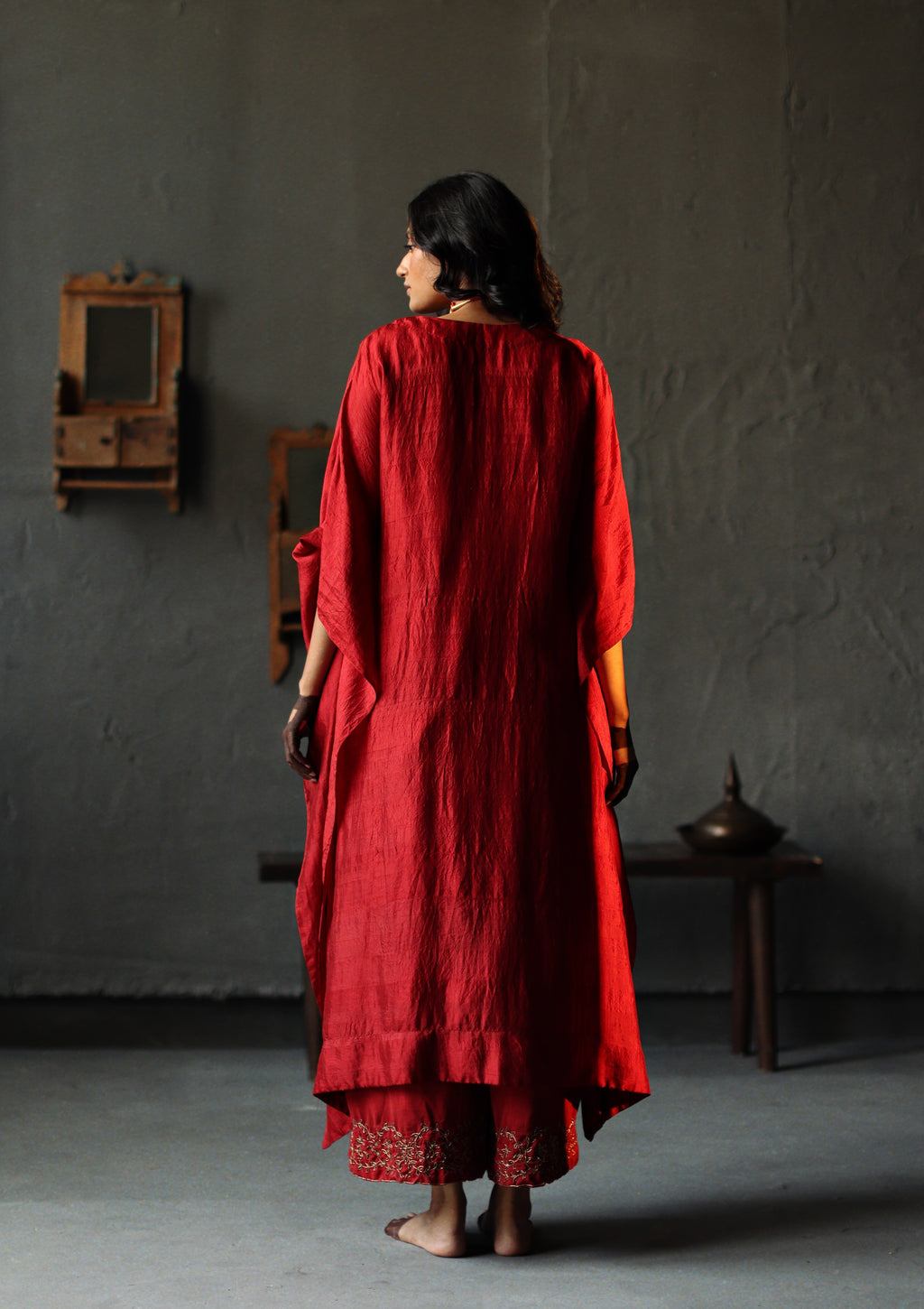 Nushka Kaftan in Ruby Red Silk with farshi.
