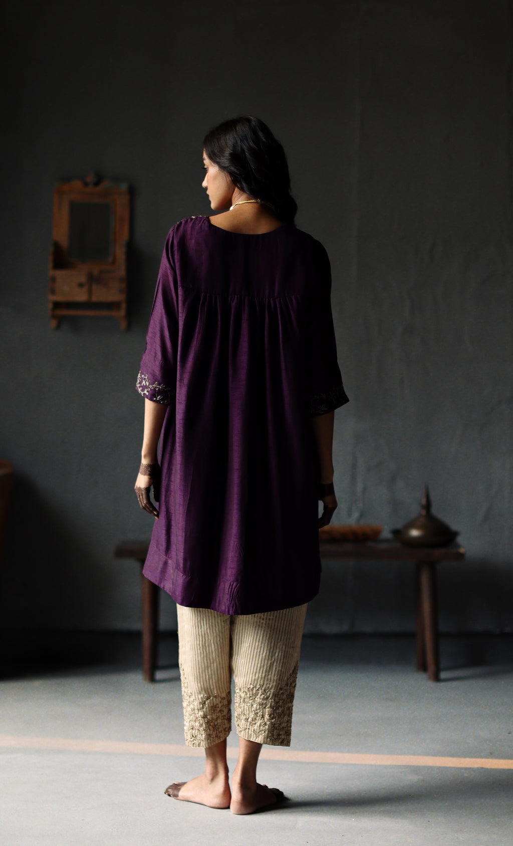 Empireline Kurta in Garnet Purple Raw Silk with Shalwar