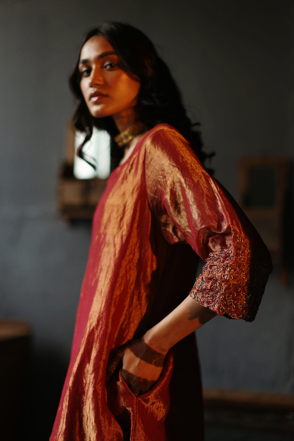 Asymmetrical Dress in Ruby Red Tissue with Pants