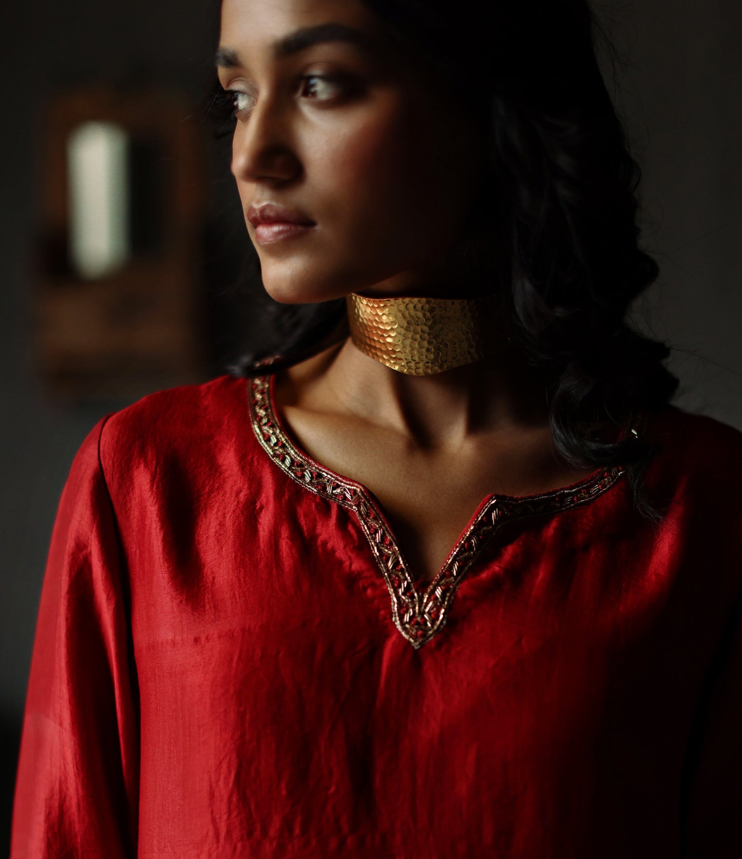 Anisa Kurta in Ruby Red Silk with Farshi
