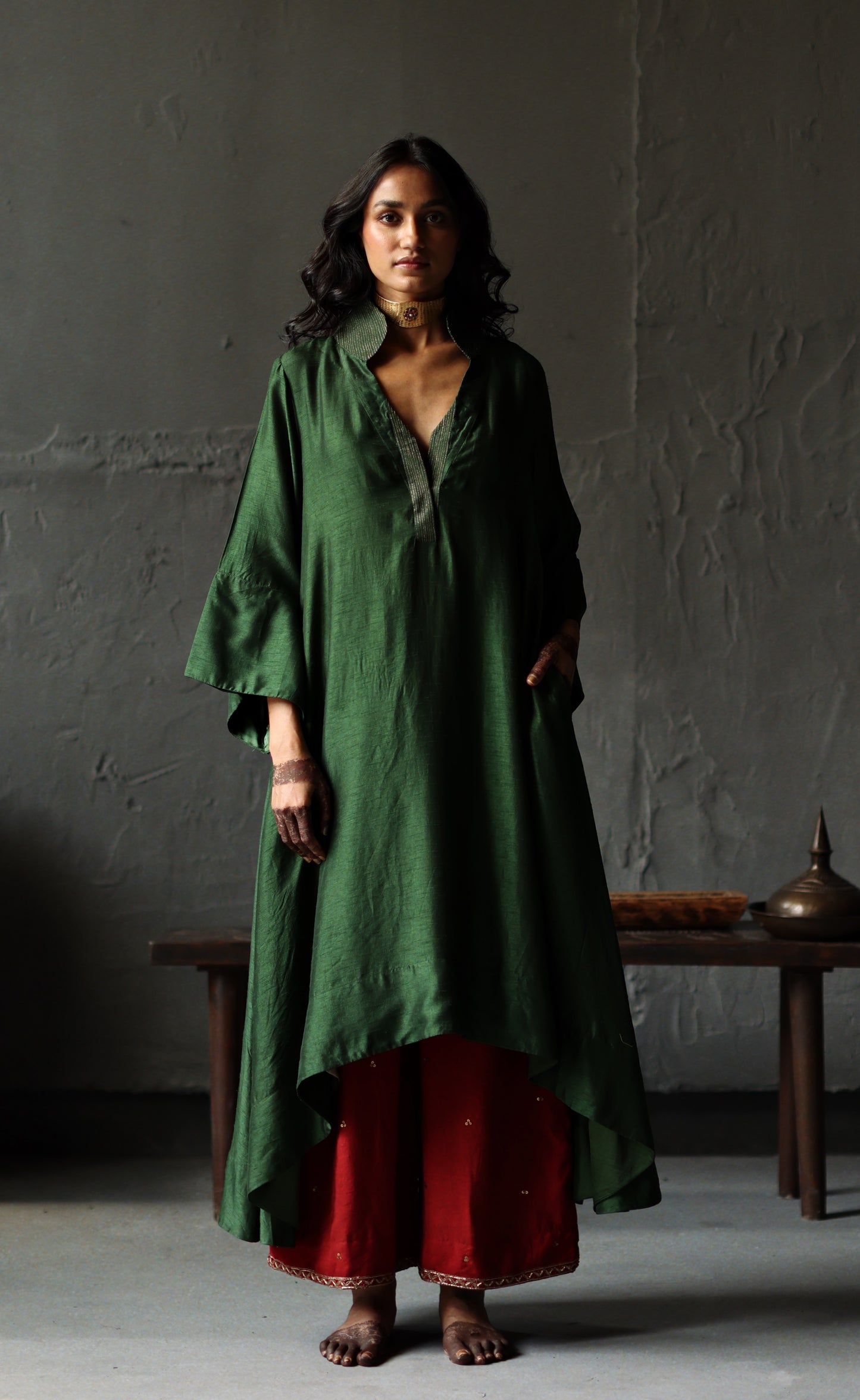 Ooch Neech in Emerald Green Raw Silk with Farshi
