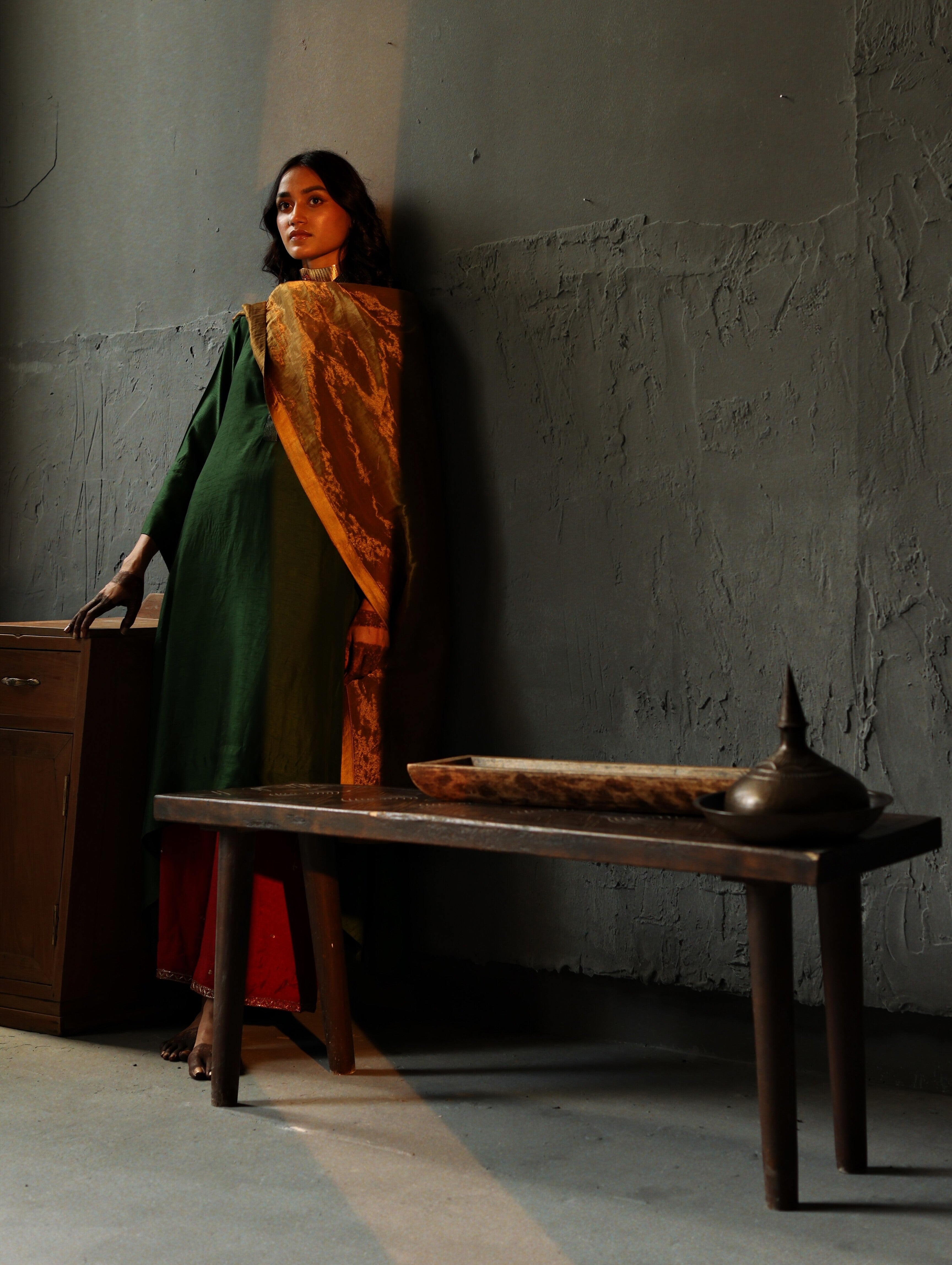 Ooch Neech in Emerald Green Raw Silk with Farshi