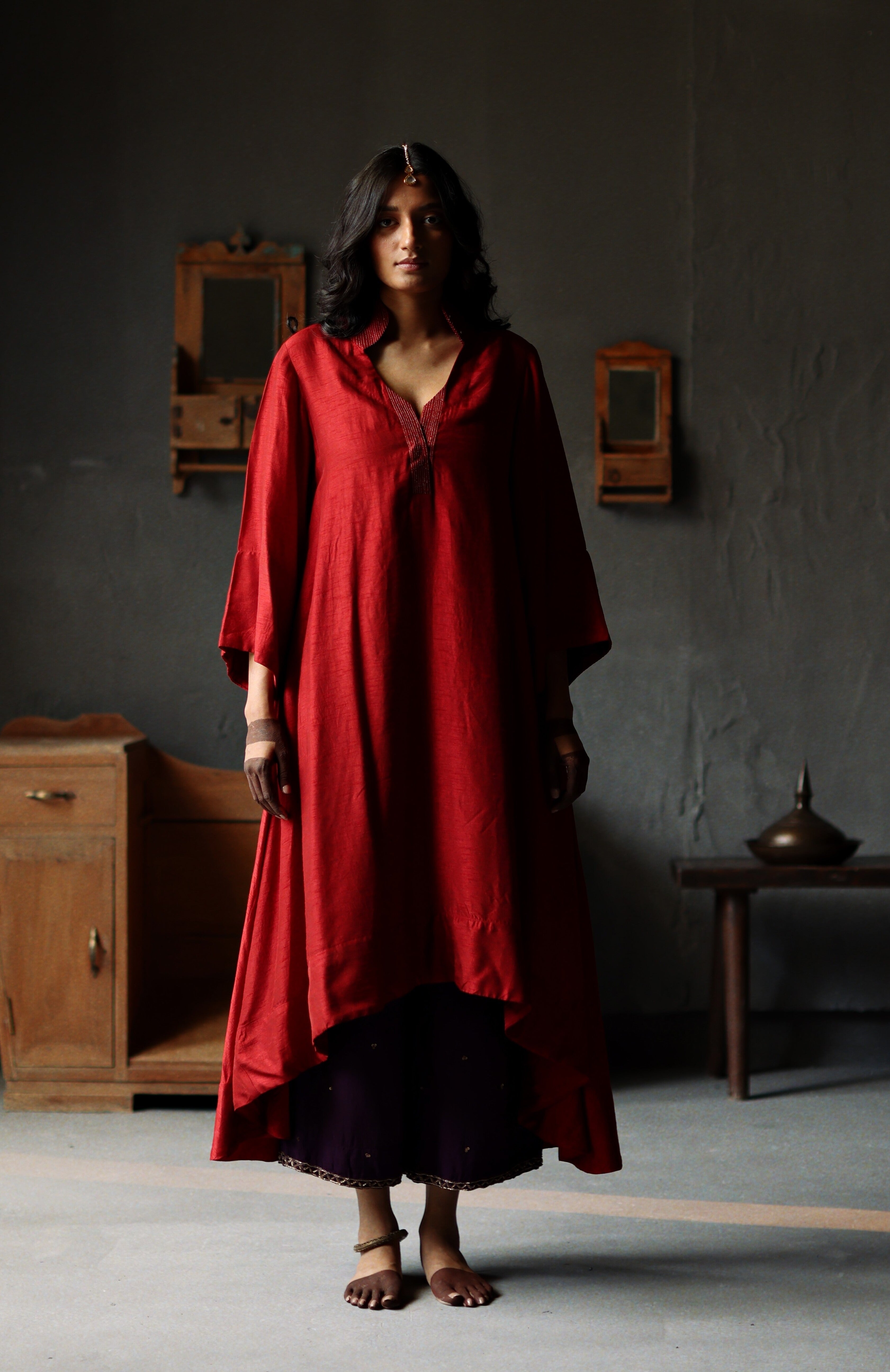 Ooch Neech in Ruby Red Raw Silk with Farshi