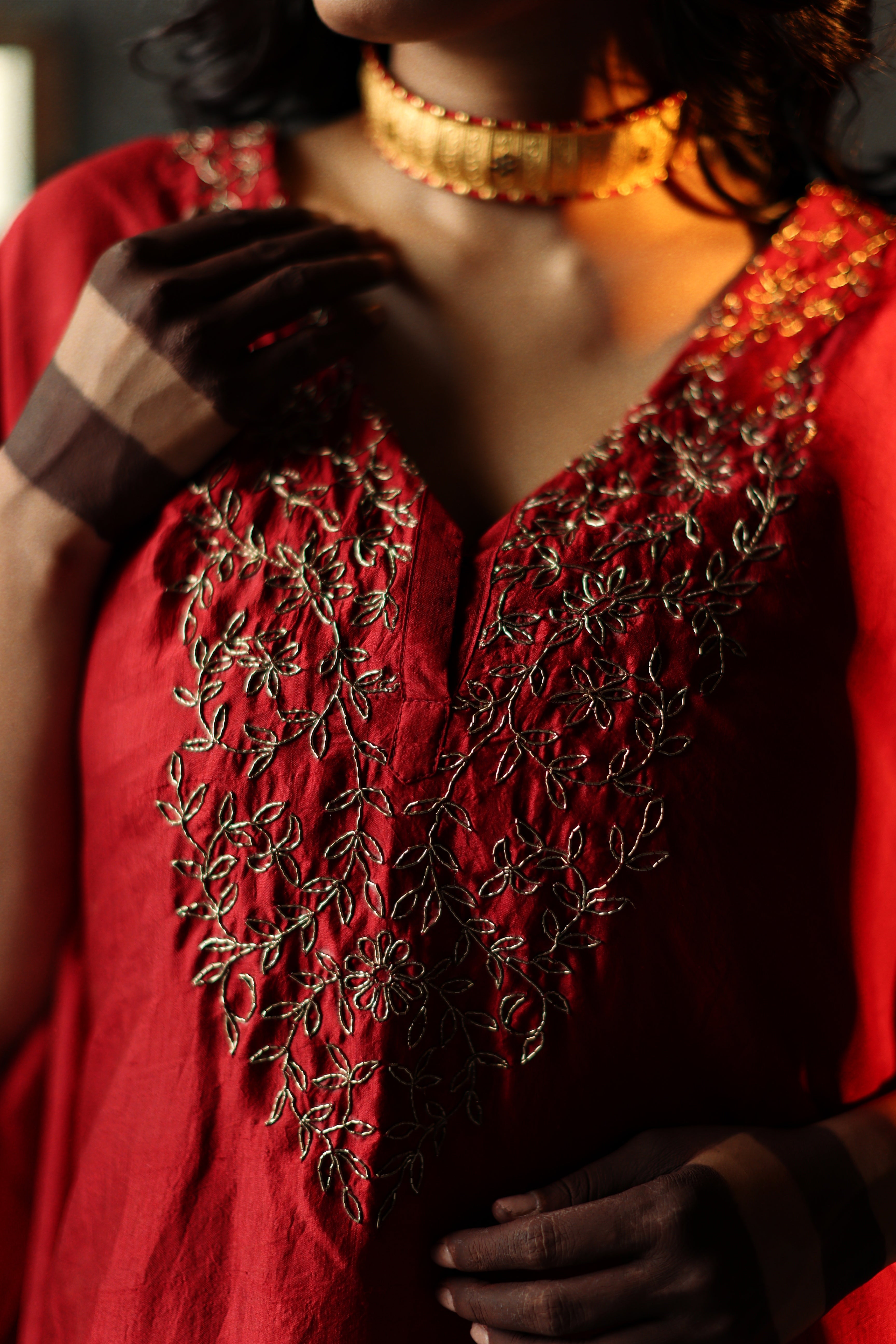 Nushka Kaftan in Ruby Red Silk with farshi.