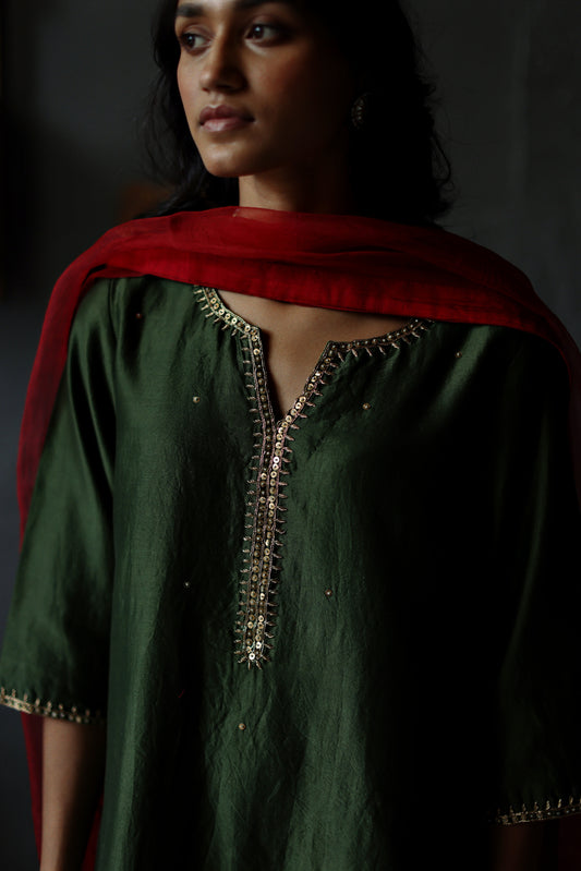 Saifi Kurta in Emerald Green Chanderi with Farshi