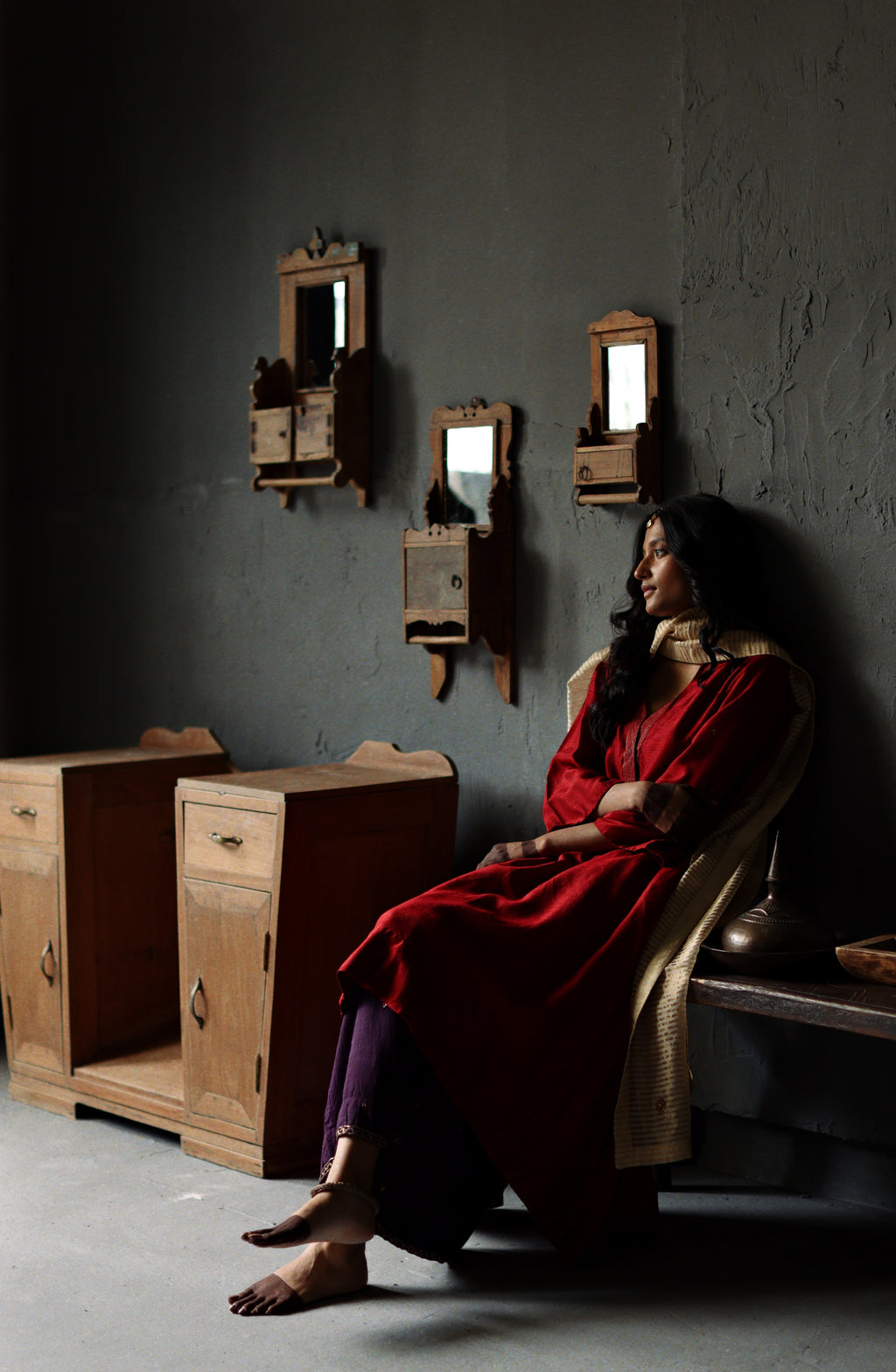 Ooch Neech in Ruby Red Raw Silk with Farshi