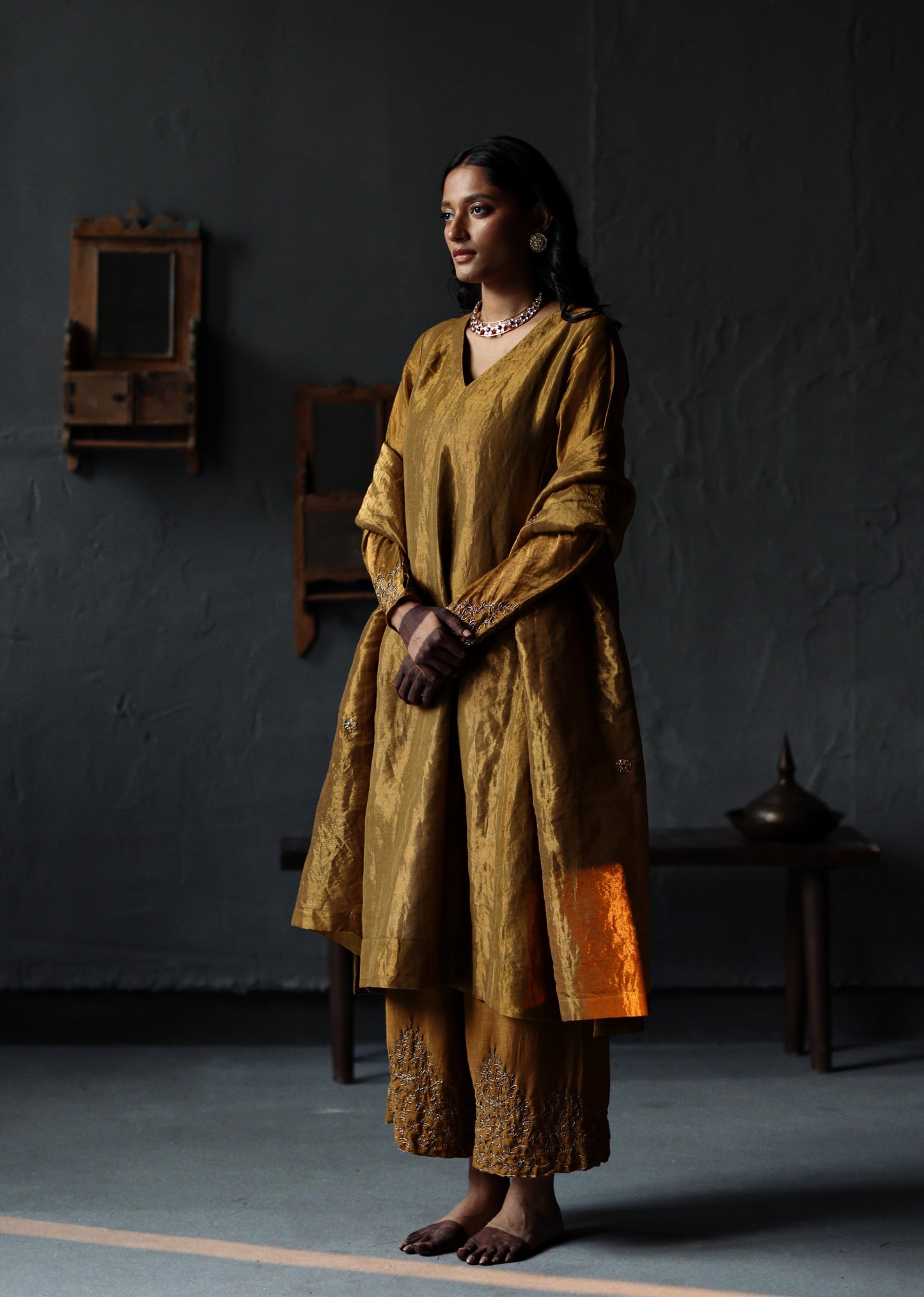 Tannu Kurta in Vintage Gold Tissue with Farshi