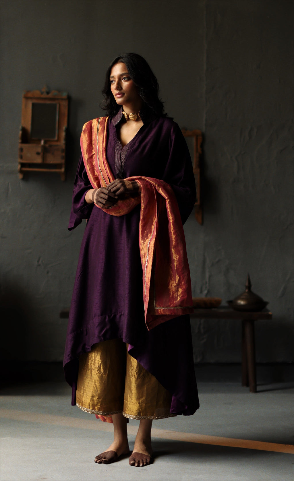 Ooch Neech in Garnet Purple Raw Silk with Farshi