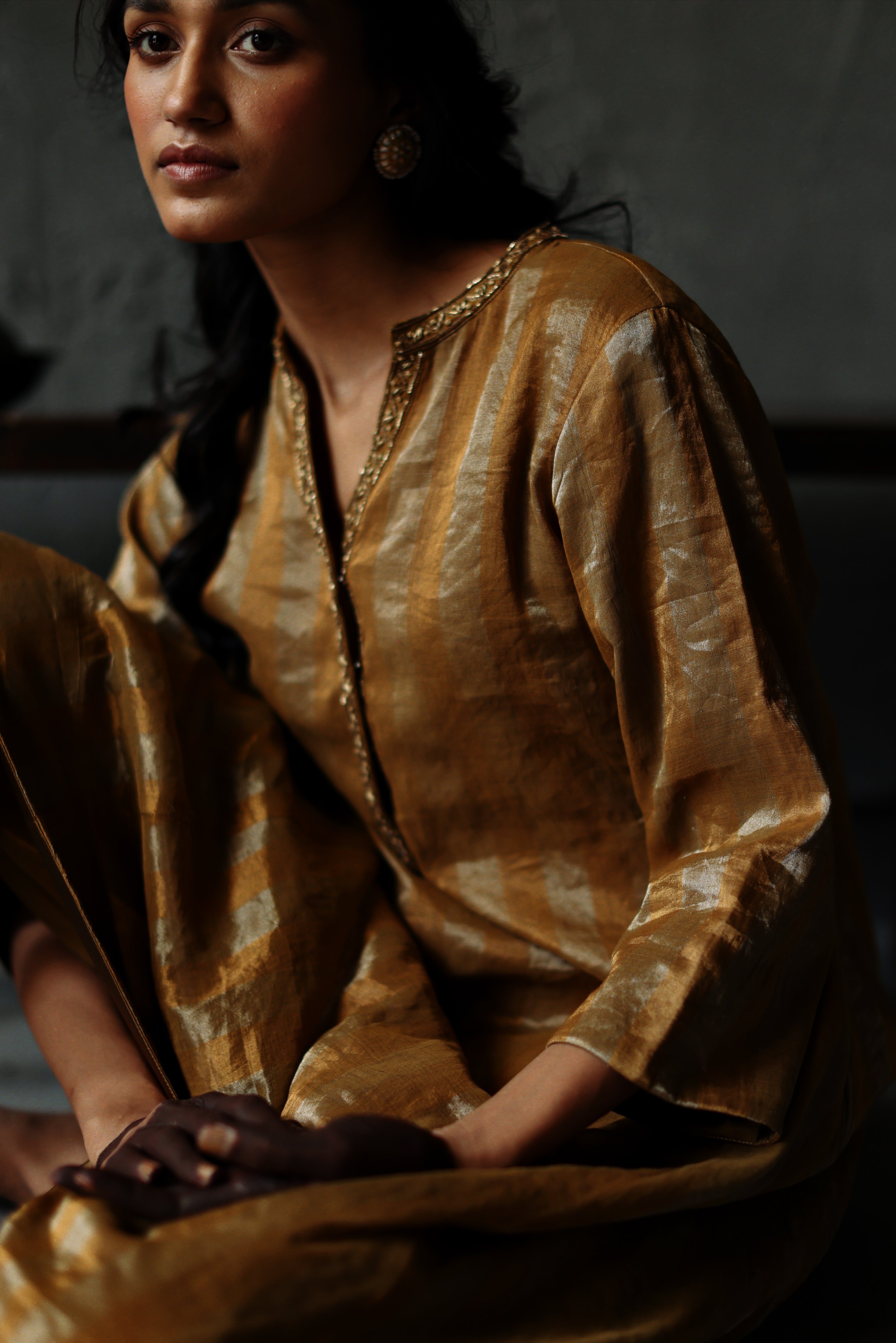 Maxi Kurta in Vintage Gold Tissue stripes Chanderi with Pants