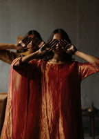 Asymmetrical Dress in Ruby Red Tissue with Pants