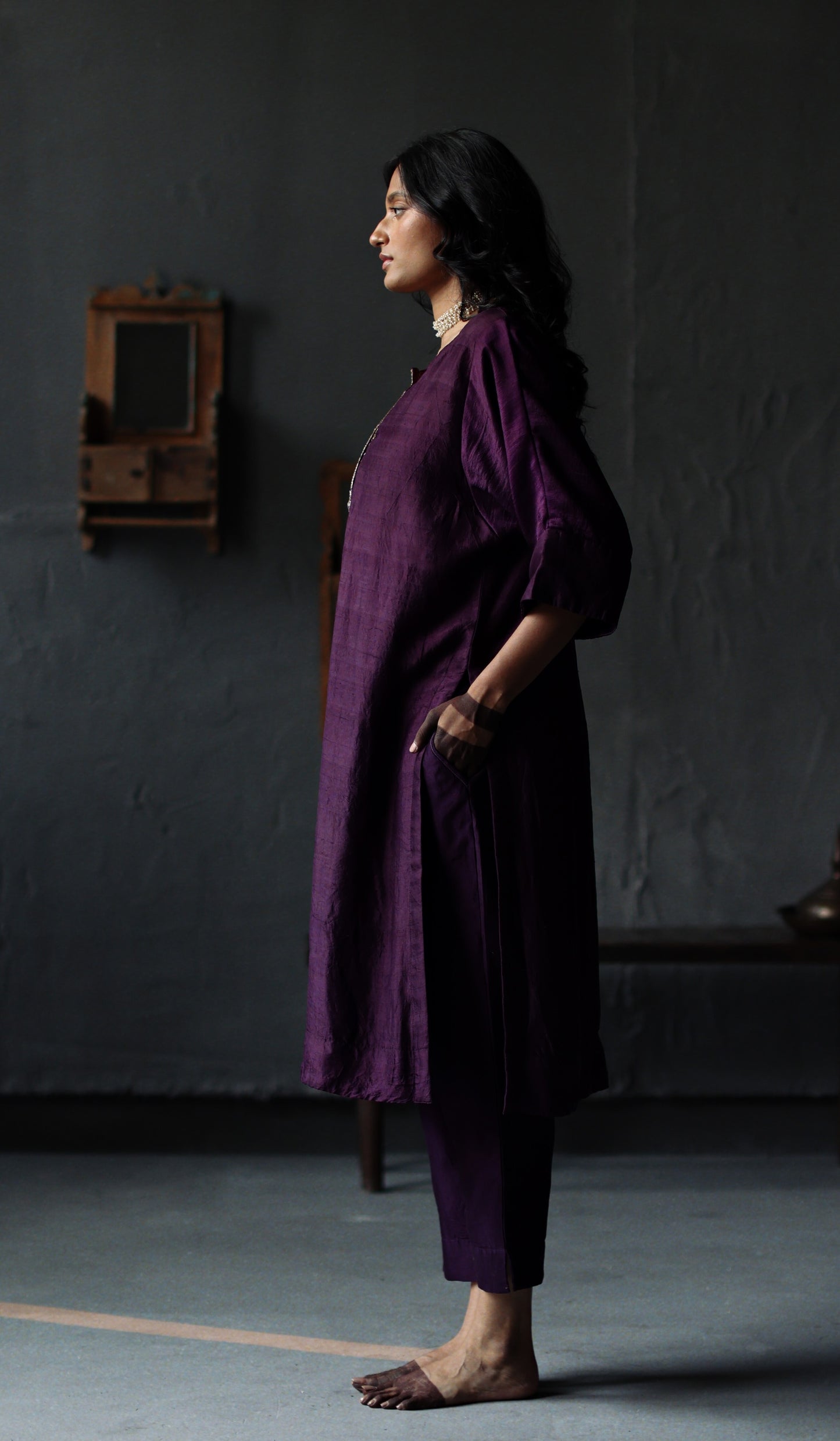 Sherbet Kaftan in Garnet Purple Silk with Pants