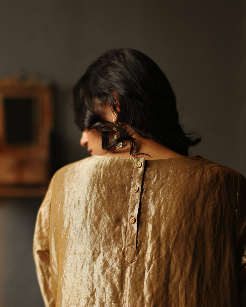 Asymmetrical Dress in Vintage Gold Tissue with Pants