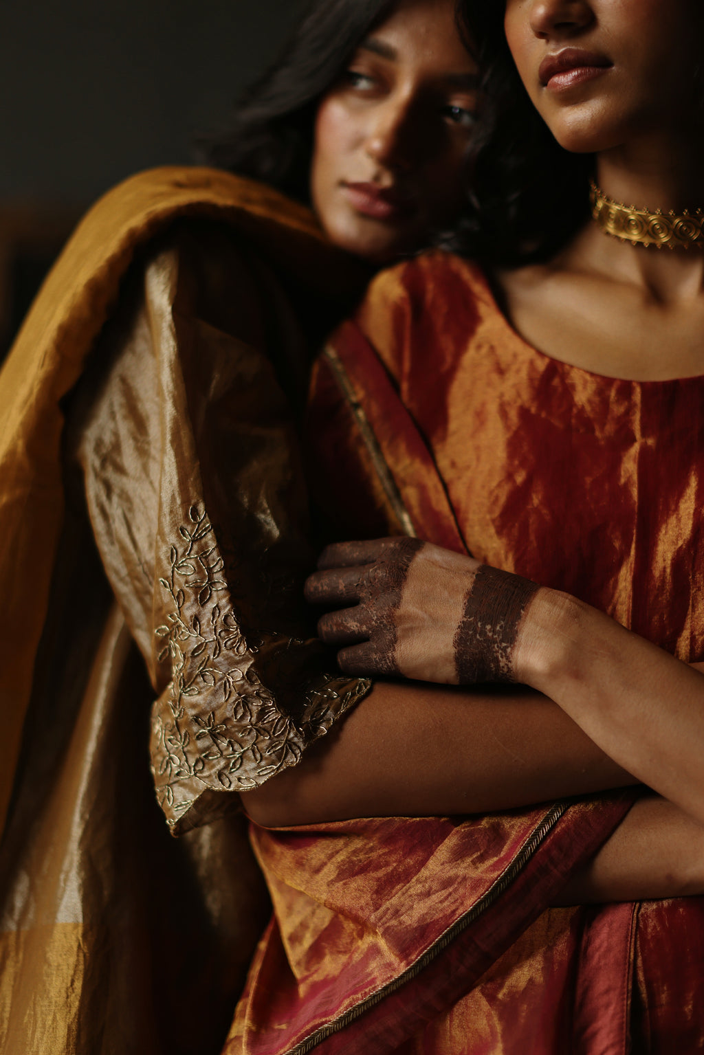 Asymmetrical Dress in Vintage Gold Tissue with Pants