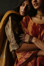 Asymmetrical Dress in Vintage Gold Tissue with Pants