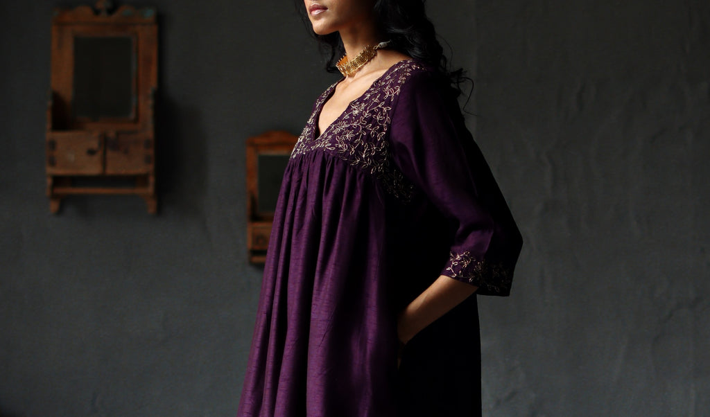 Empireline Kurta in Garnet Purple Raw Silk with Shalwar