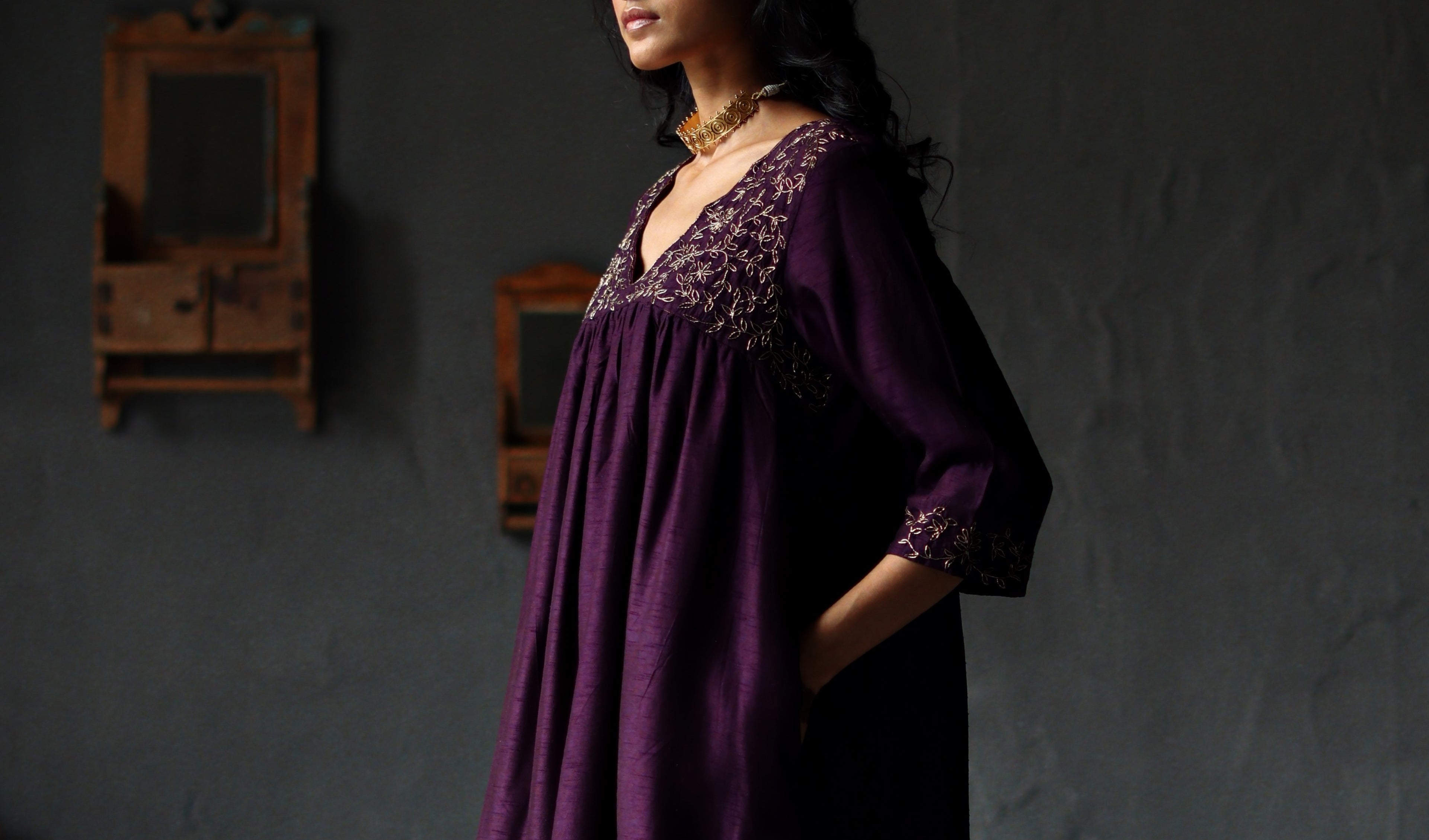Empireline Kurta in Garnet Purple Raw Silk with Shalwar