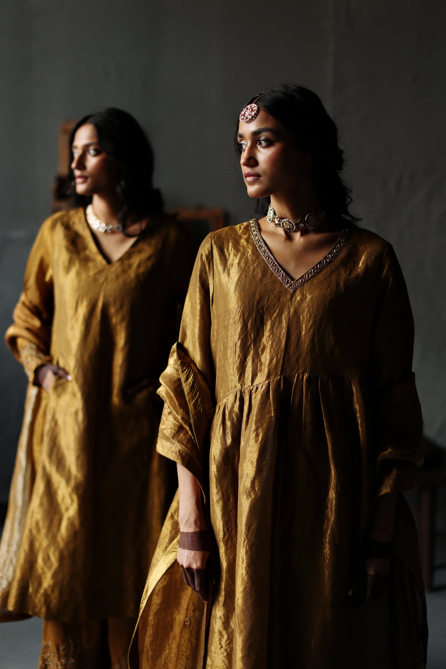 Ana Dress in Vintage Gold Tissue with Farshi