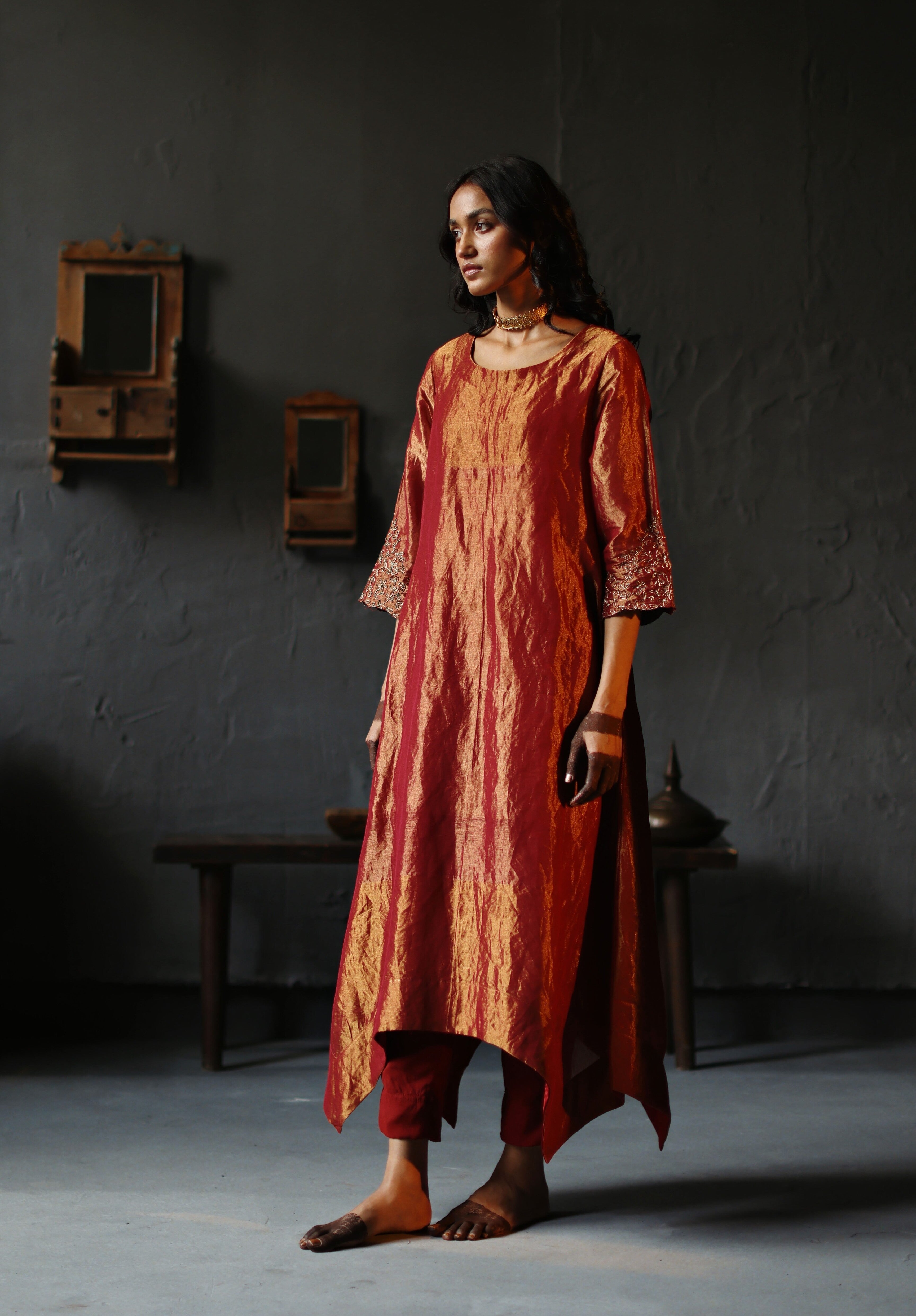 Asymmetrical Dress in Ruby Red Tissue with Pants