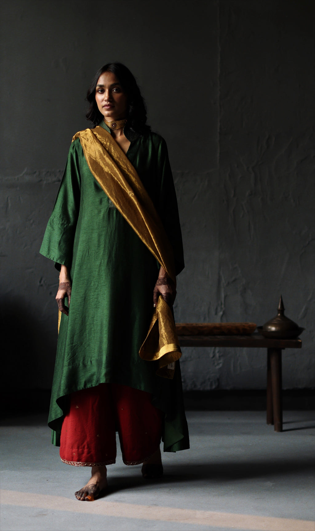 Ooch Neech in Emerald Green Raw Silk with Farshi