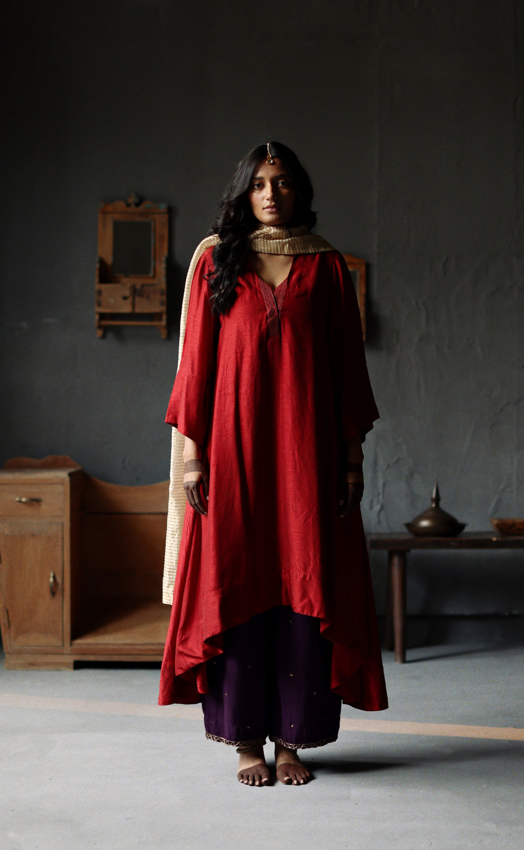 Ooch Neech in Ruby Red Raw Silk with Farshi