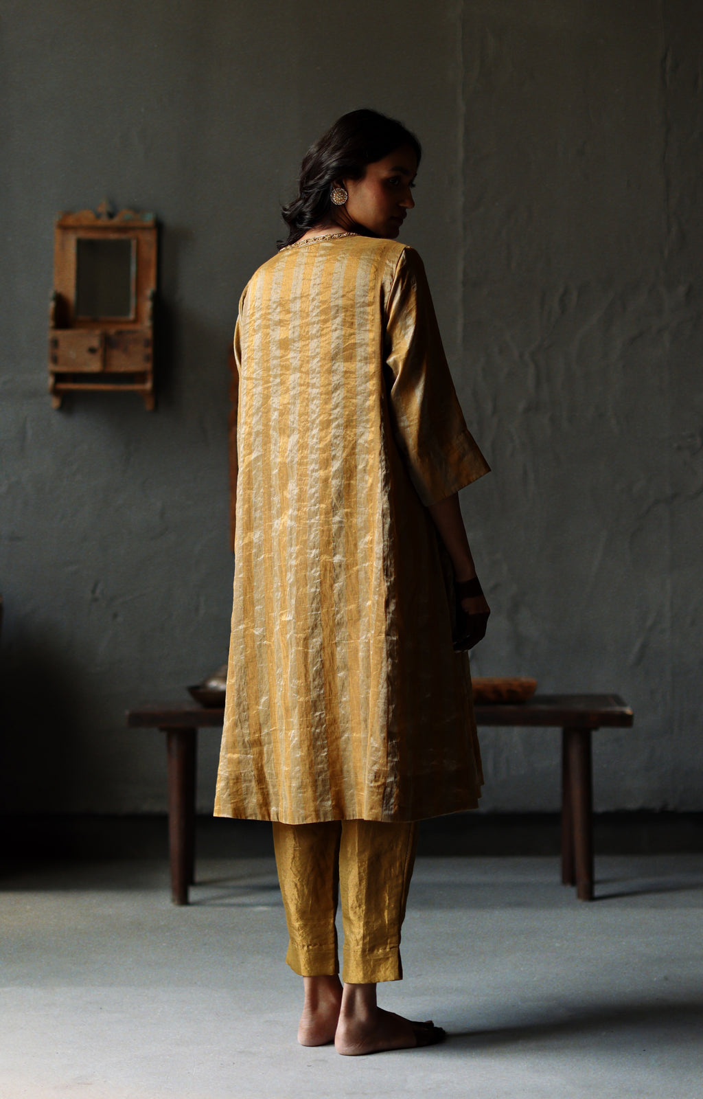 Maxi Kurta in Vintage Gold Tissue stripes Chanderi with Pants