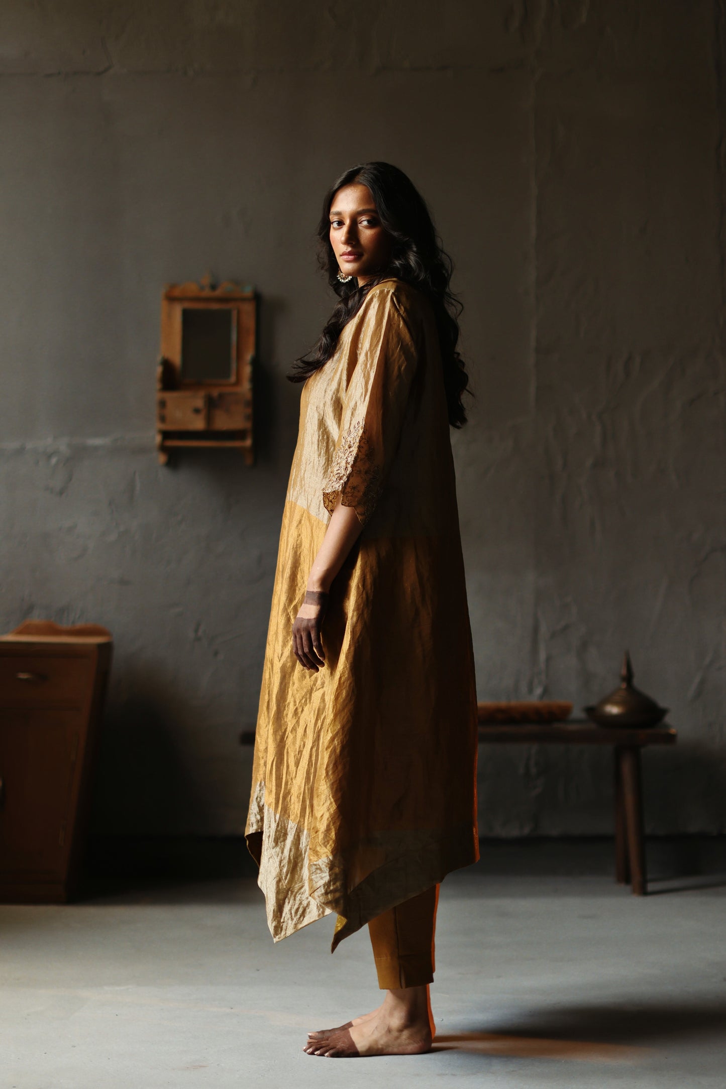 Asymmetrical Dress in Vintage Gold Tissue with Pants