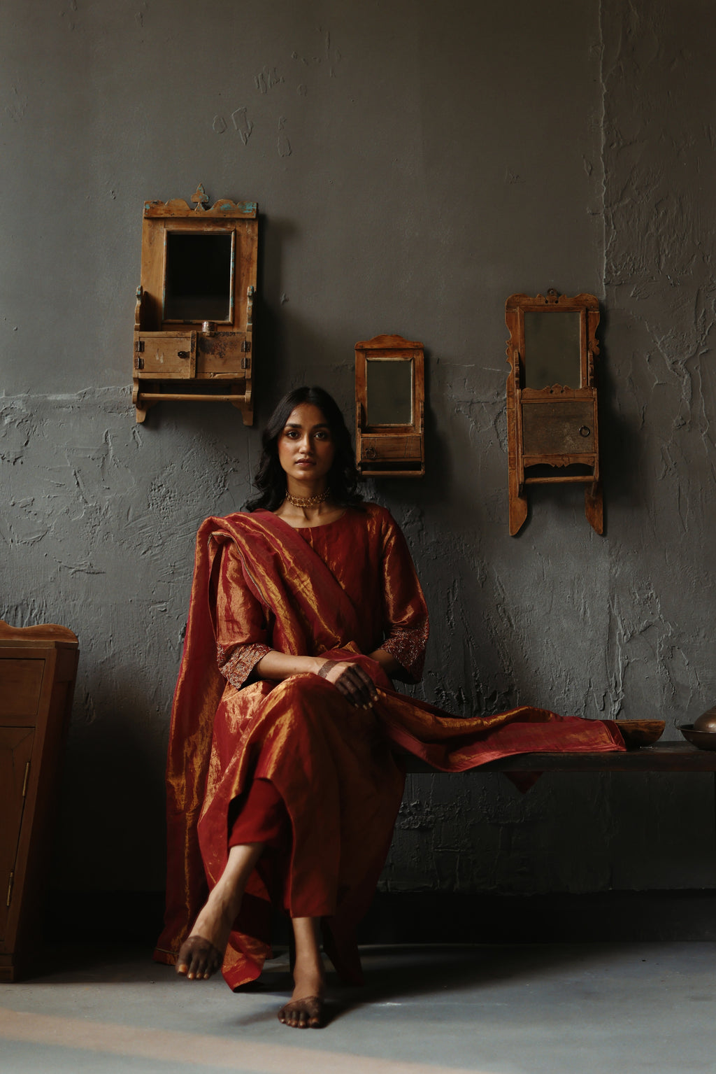 Asymmetrical Dress in Ruby Red Tissue with Pants