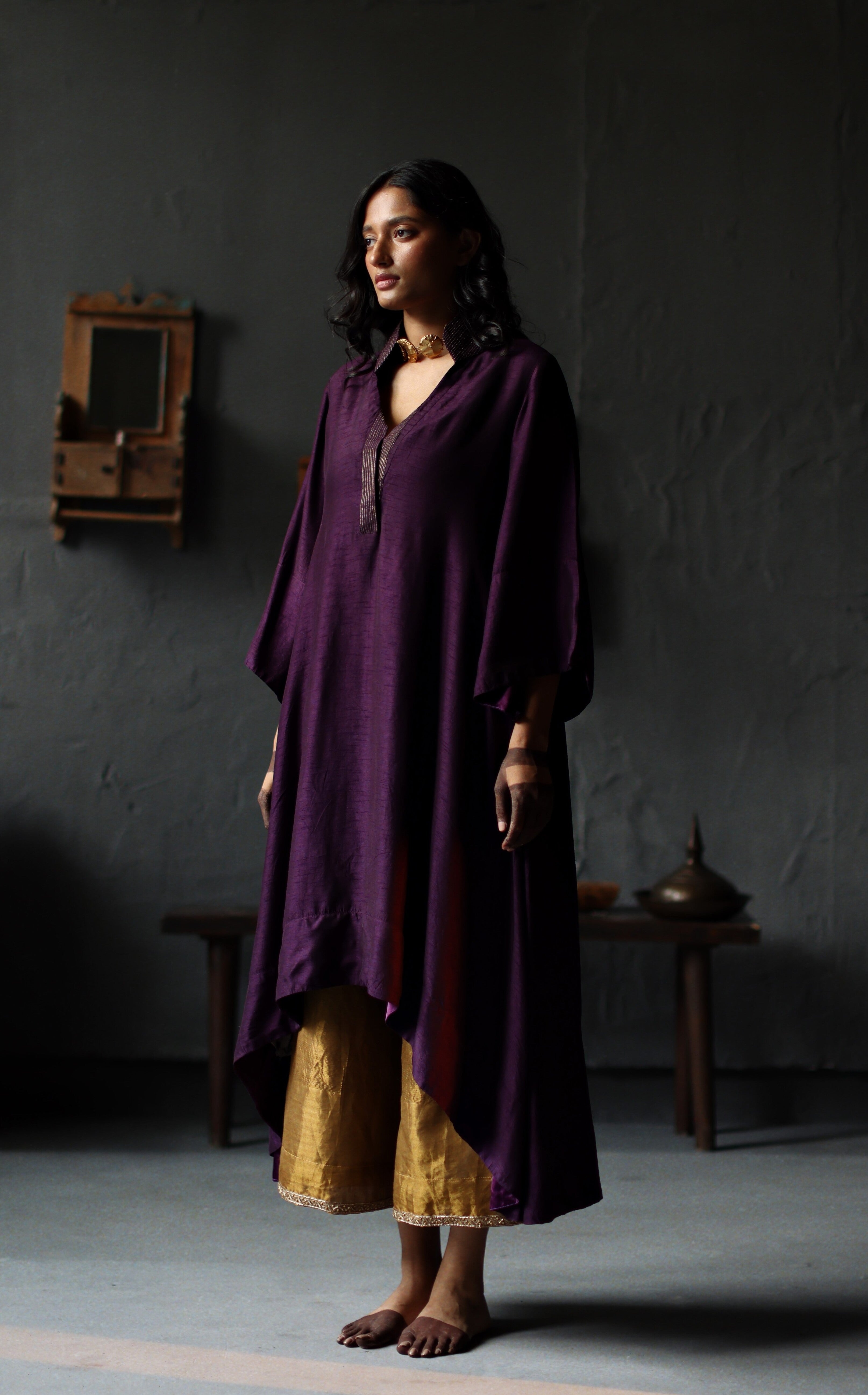Ooch Neech in Garnet Purple Raw Silk with Farshi