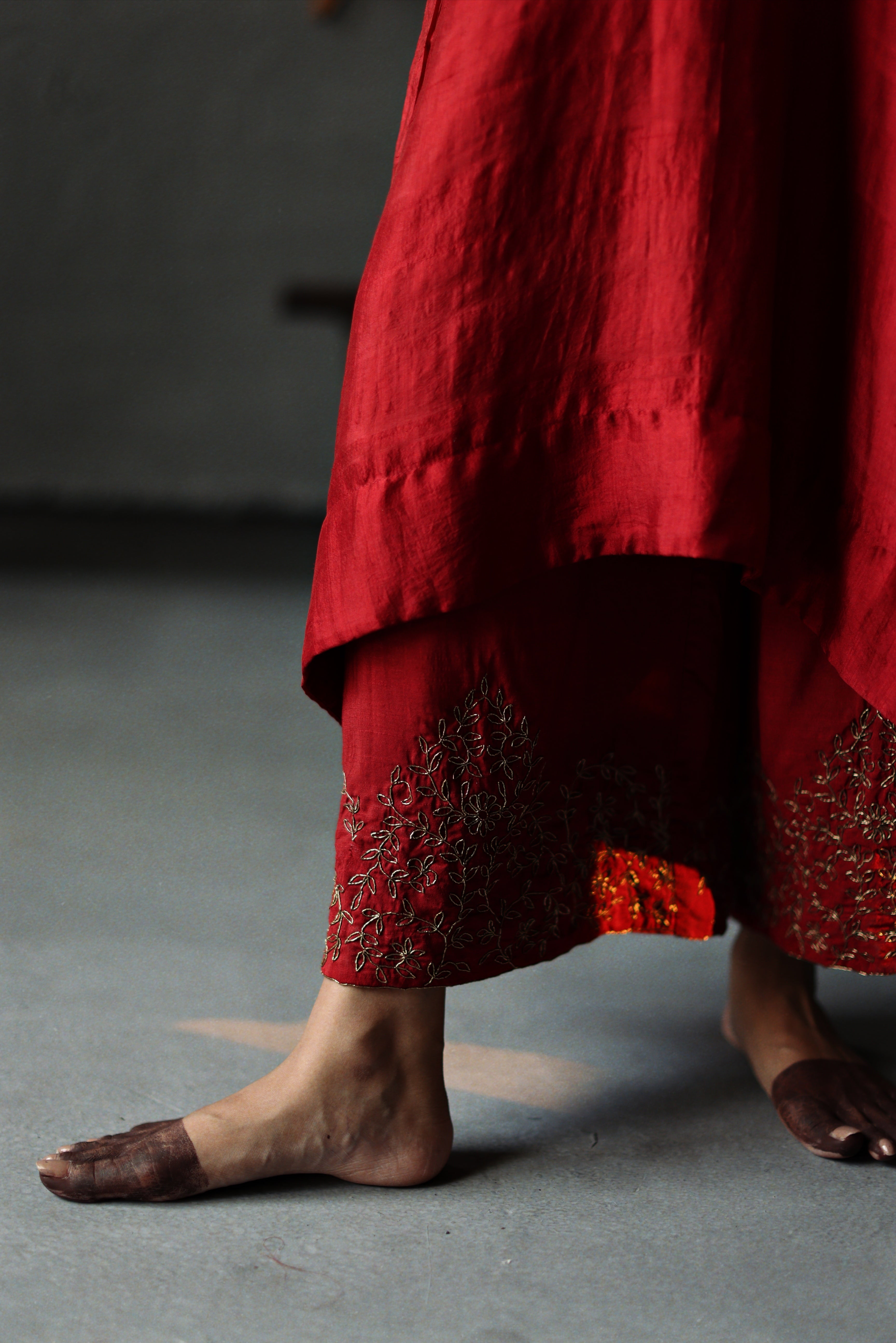 Nushka Kaftan in Ruby Red Silk with farshi.