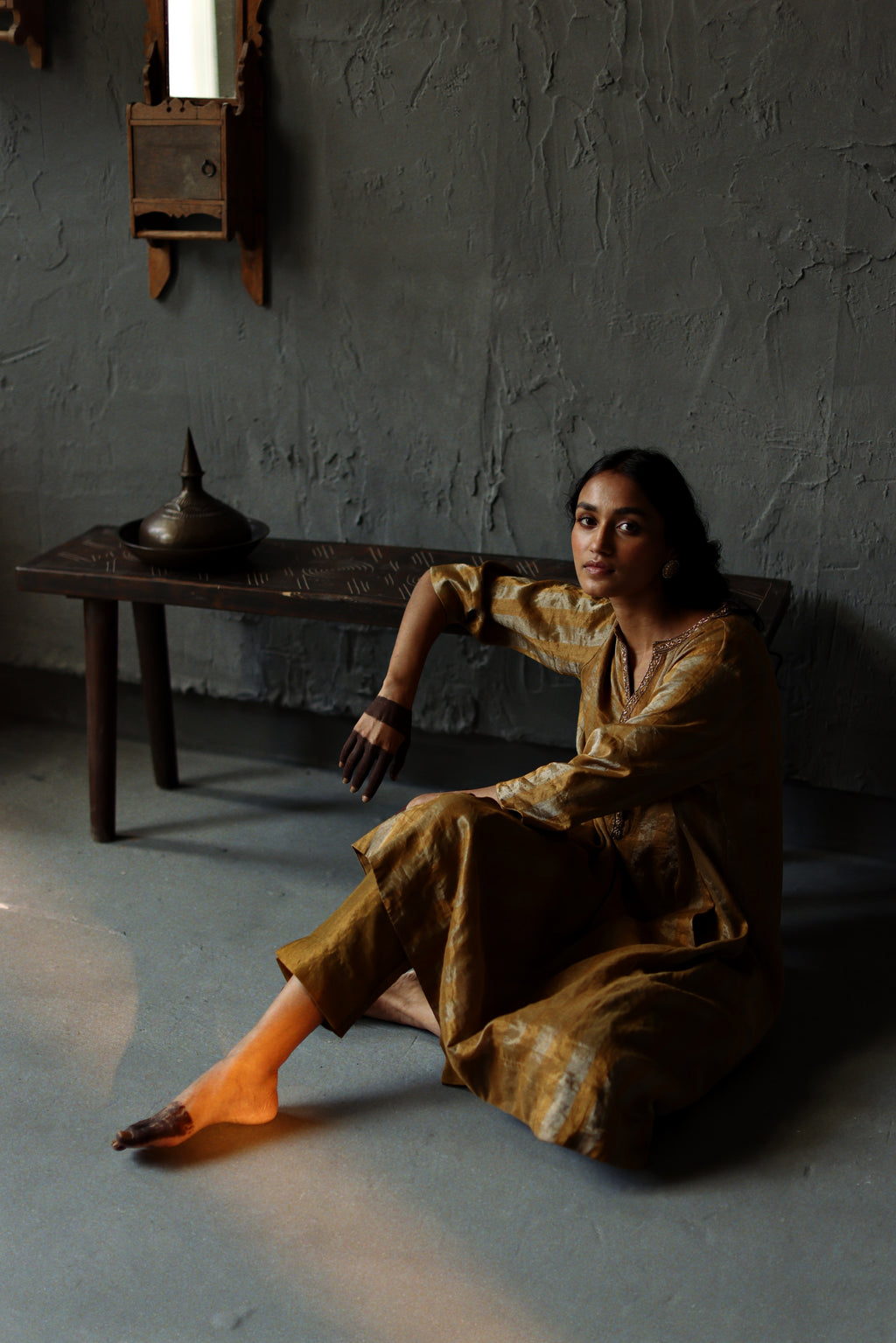 Maxi Kurta in Vintage Gold Tissue stripes Chanderi with Pants