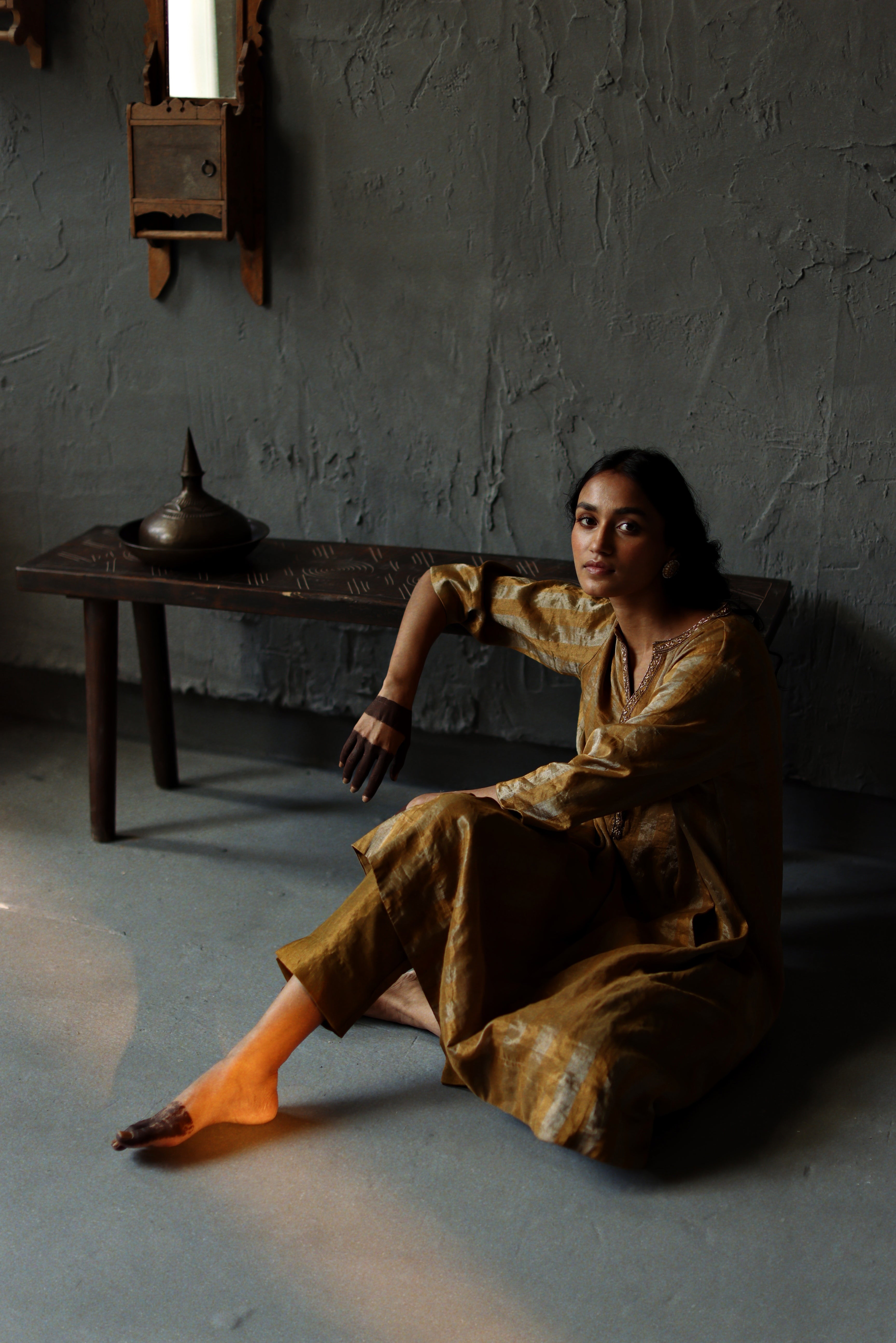 Maxi Kurta in Vintage Gold Tissue stripes Chanderi with Pants