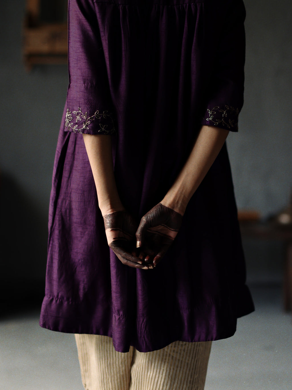 Empireline Kurta in Garnet Purple Raw Silk with Shalwar