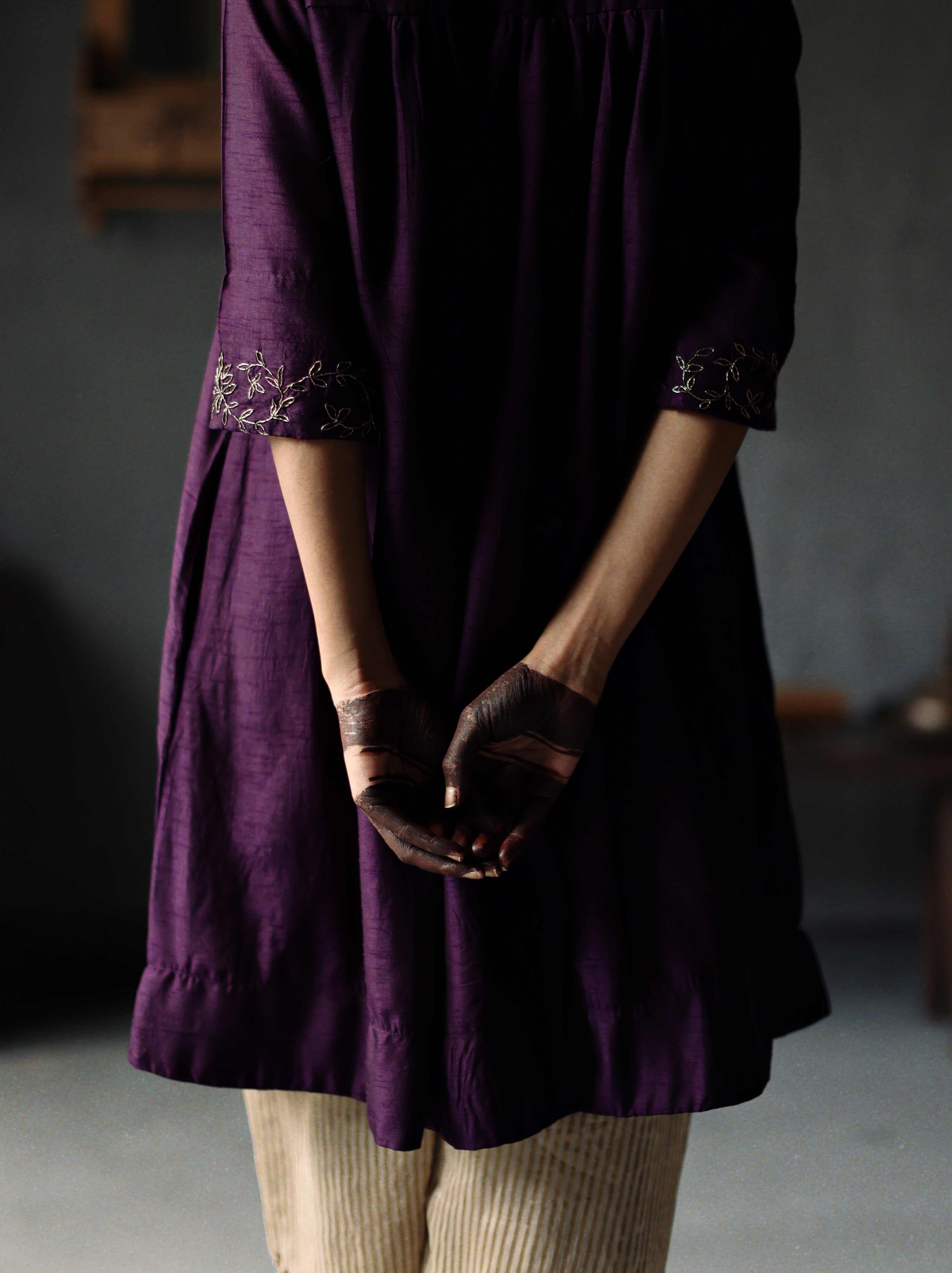 Empireline Kurta in Garnet Purple Raw Silk with Shalwar