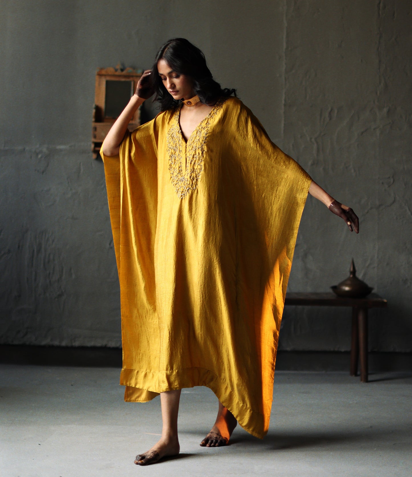 Nushka Kaftan in Topaz Yellow Silk