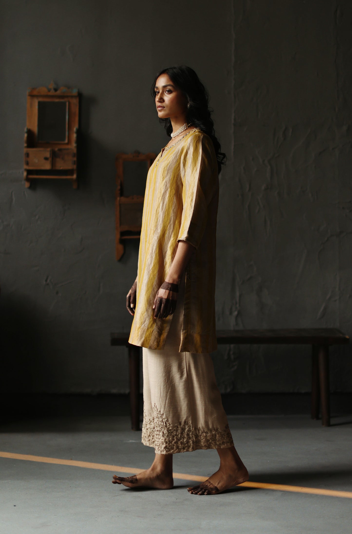 Anisa Kurta in Topaz Yellow Tissue stripes Chanderi with Farshi