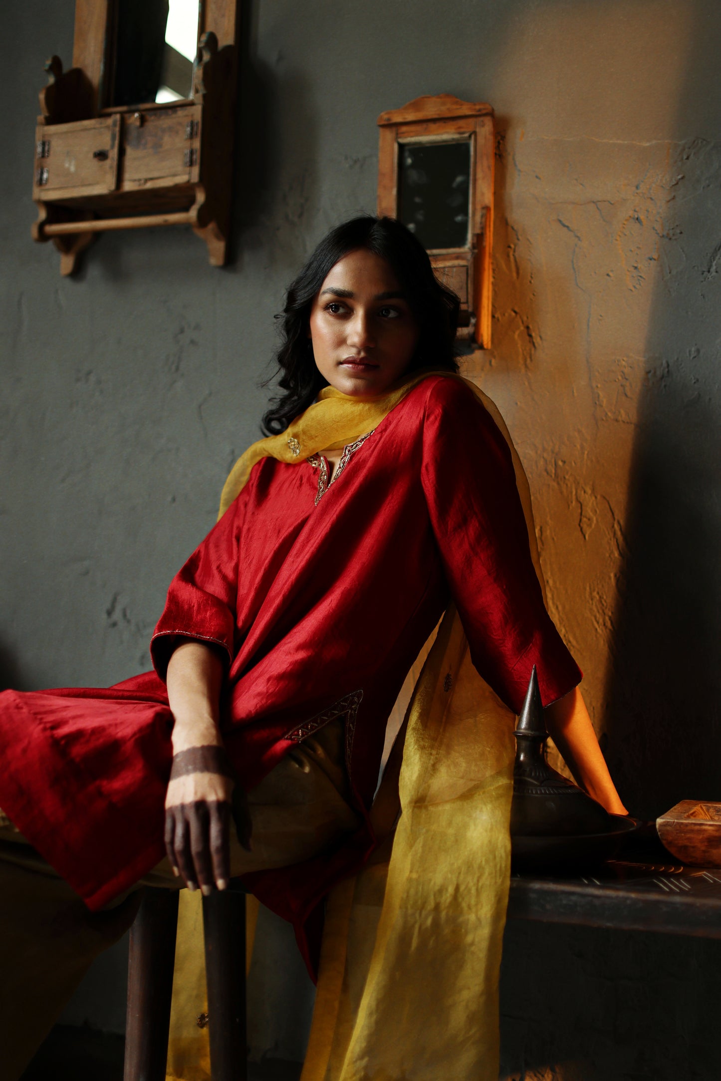 Anisa Kurta in Ruby Red Silk with Farshi