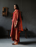 Asymmetrical Dress in Ruby Red Tissue with Pants