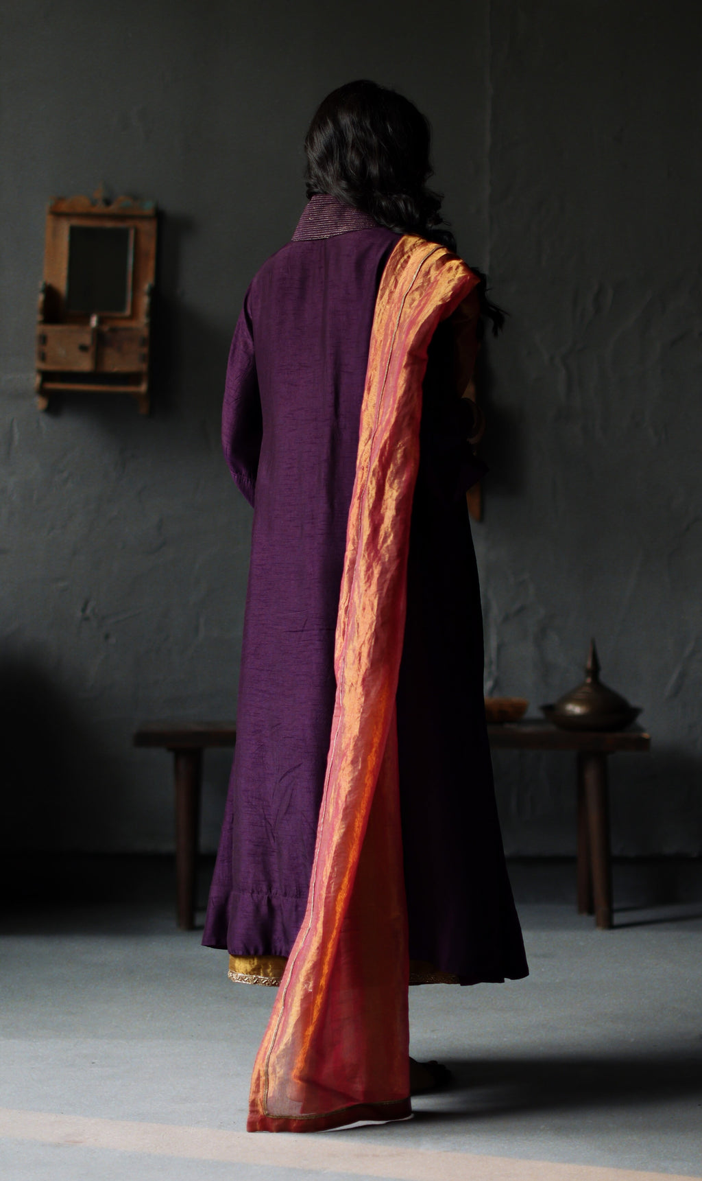 Ooch Neech in Garnet Purple Raw Silk with Farshi
