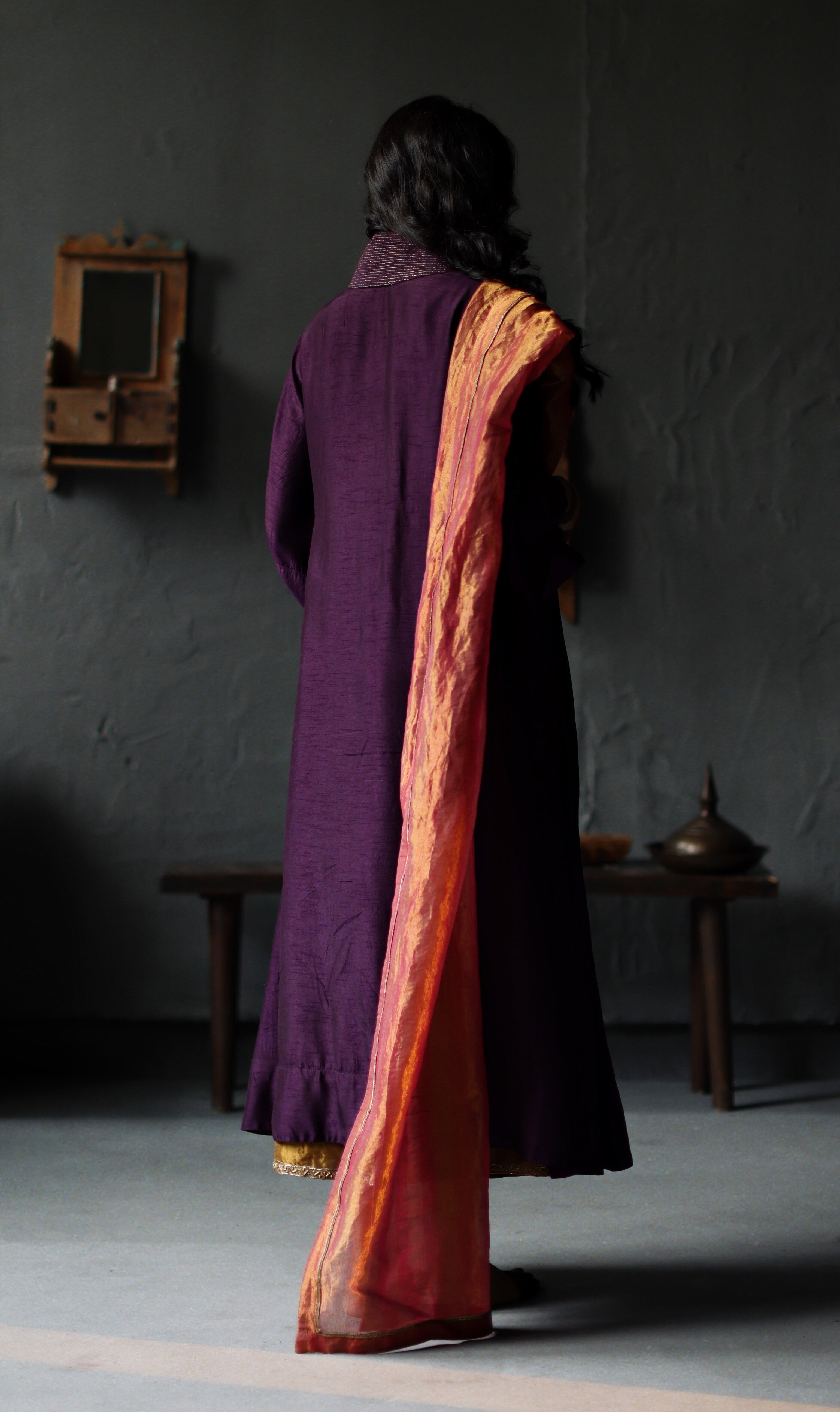 Ooch Neech in Garnet Purple Raw Silk with Farshi