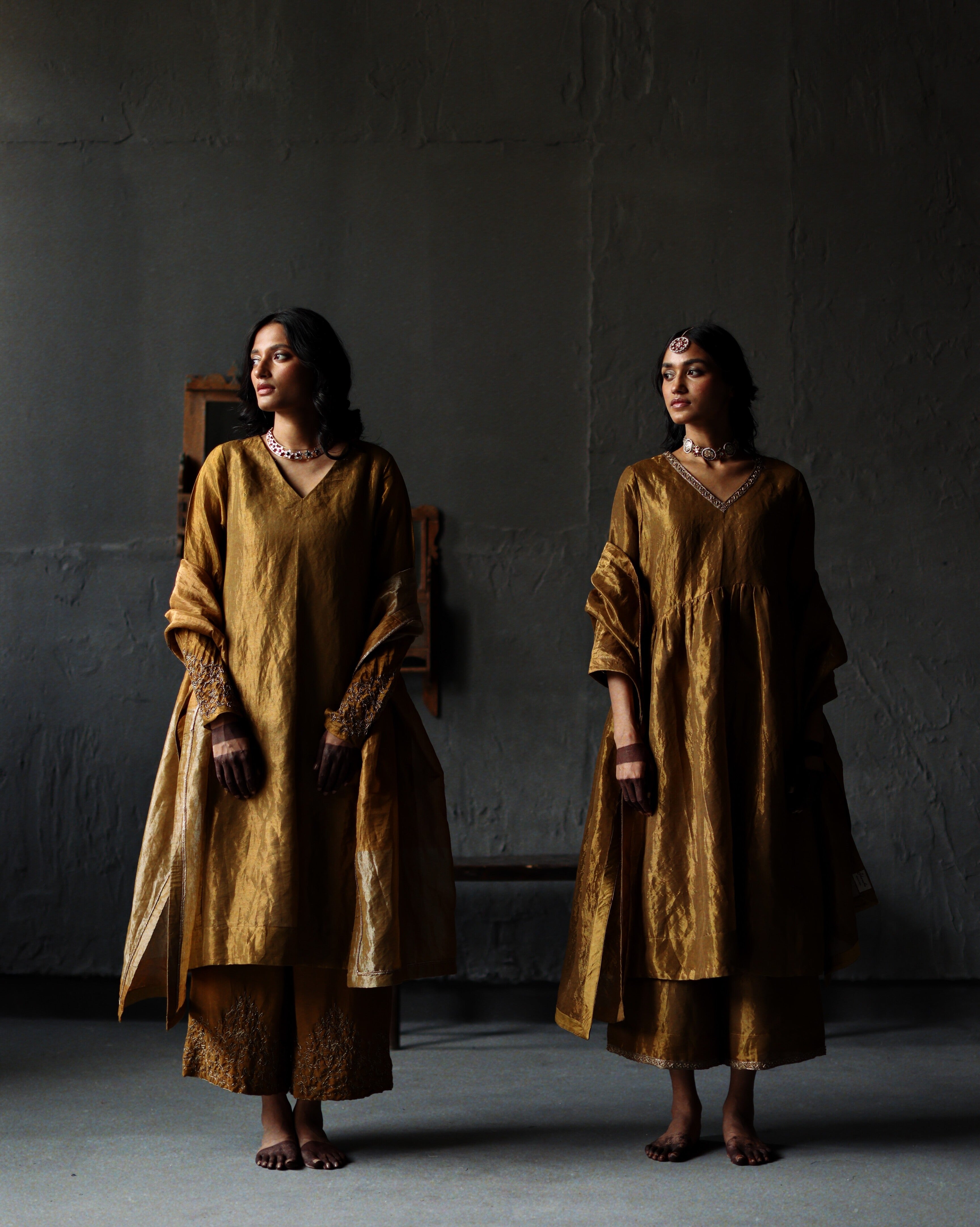 Tannu Kurta in Vintage Gold Tissue with Farshi