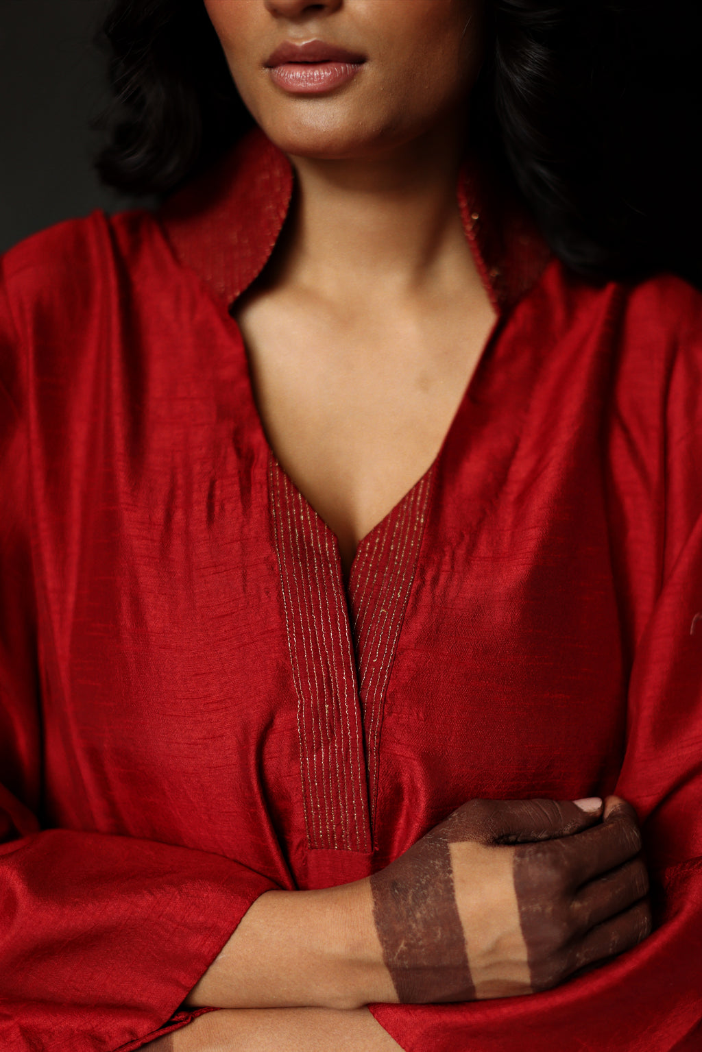 Ooch Neech in Ruby Red Raw Silk with Farshi