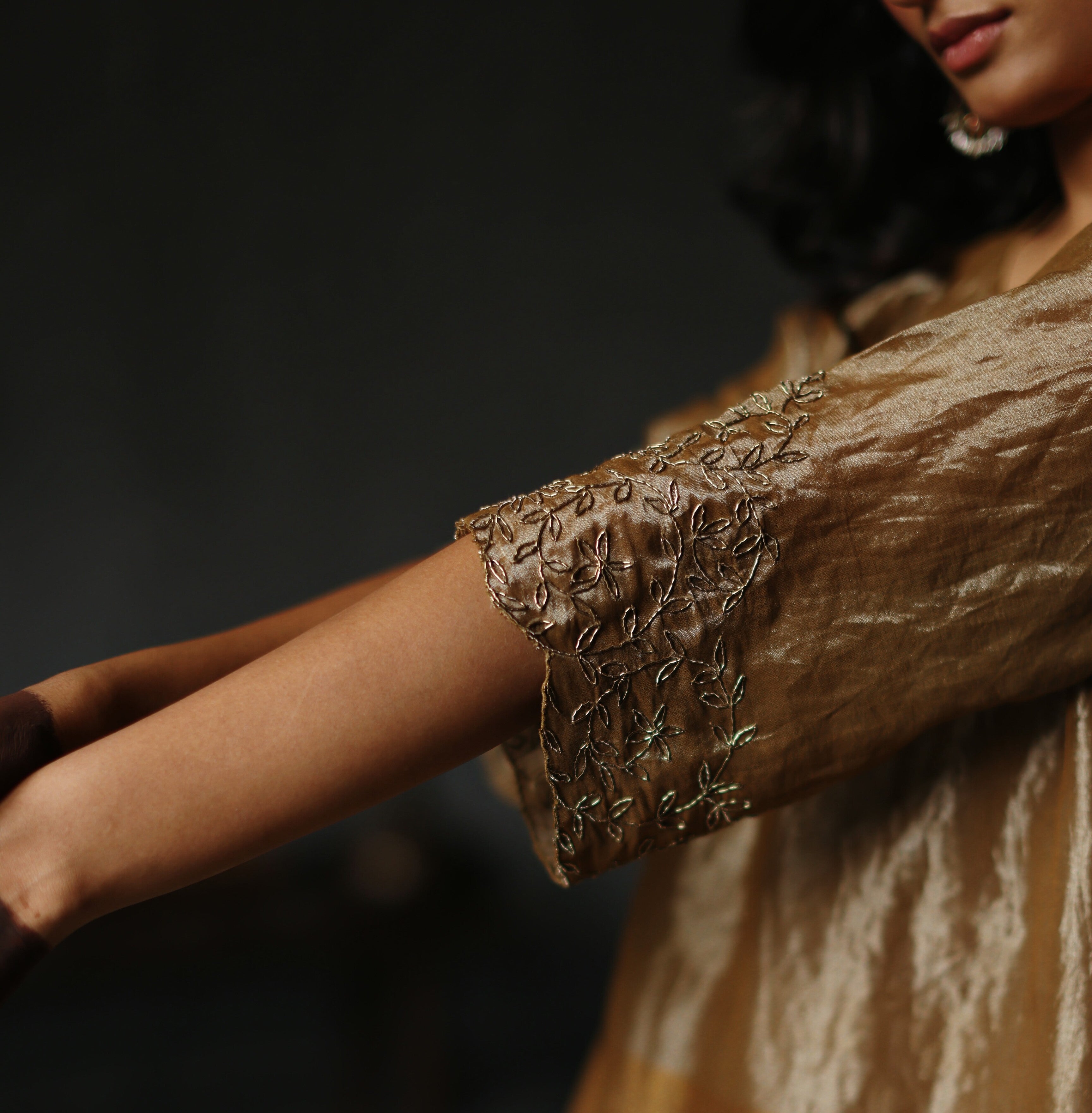 Asymmetrical Dress in Vintage Gold Tissue with Pants