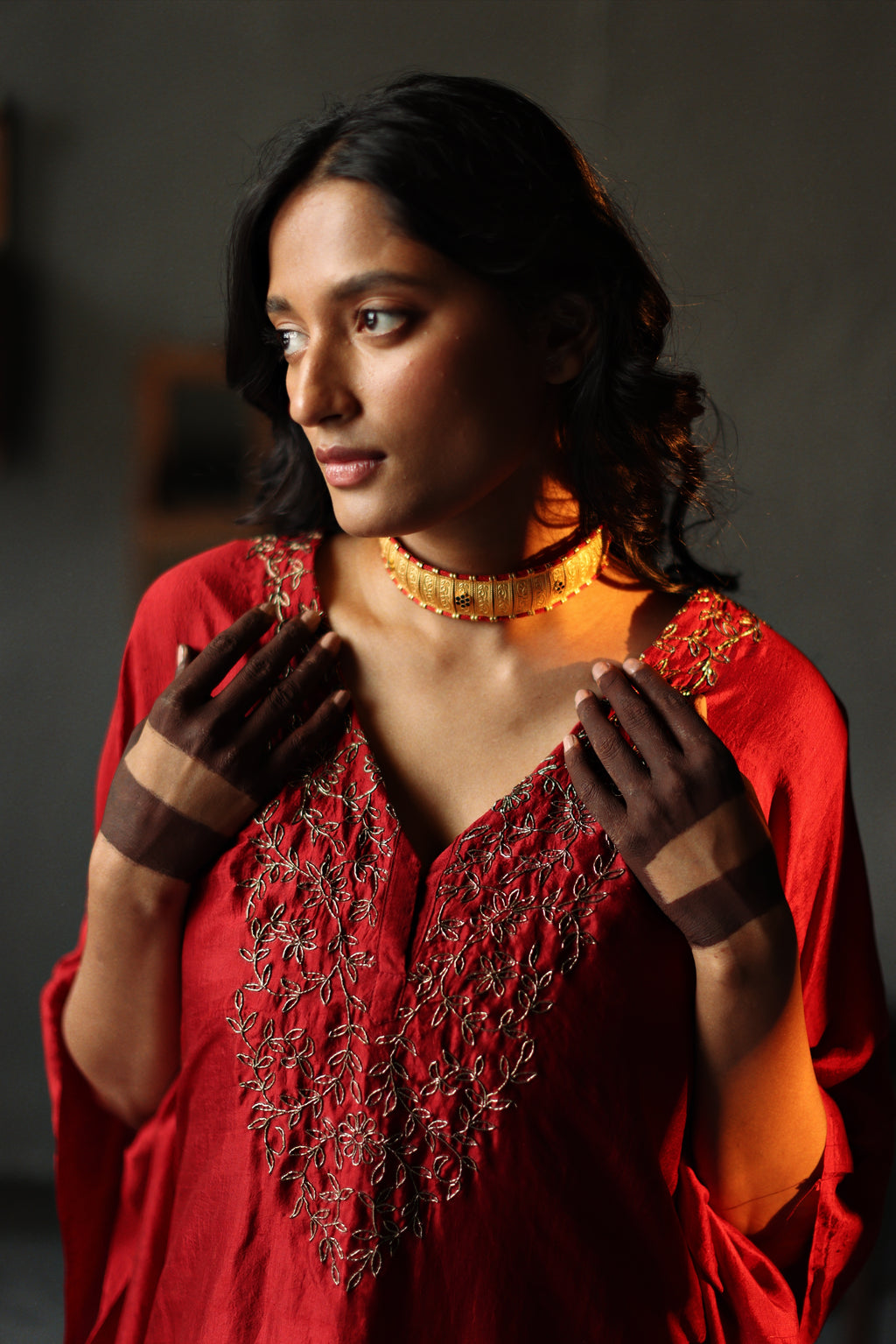 Nushka Kaftan in Ruby Red Silk with farshi.