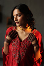 Nushka Kaftan in Ruby Red Silk with farshi.