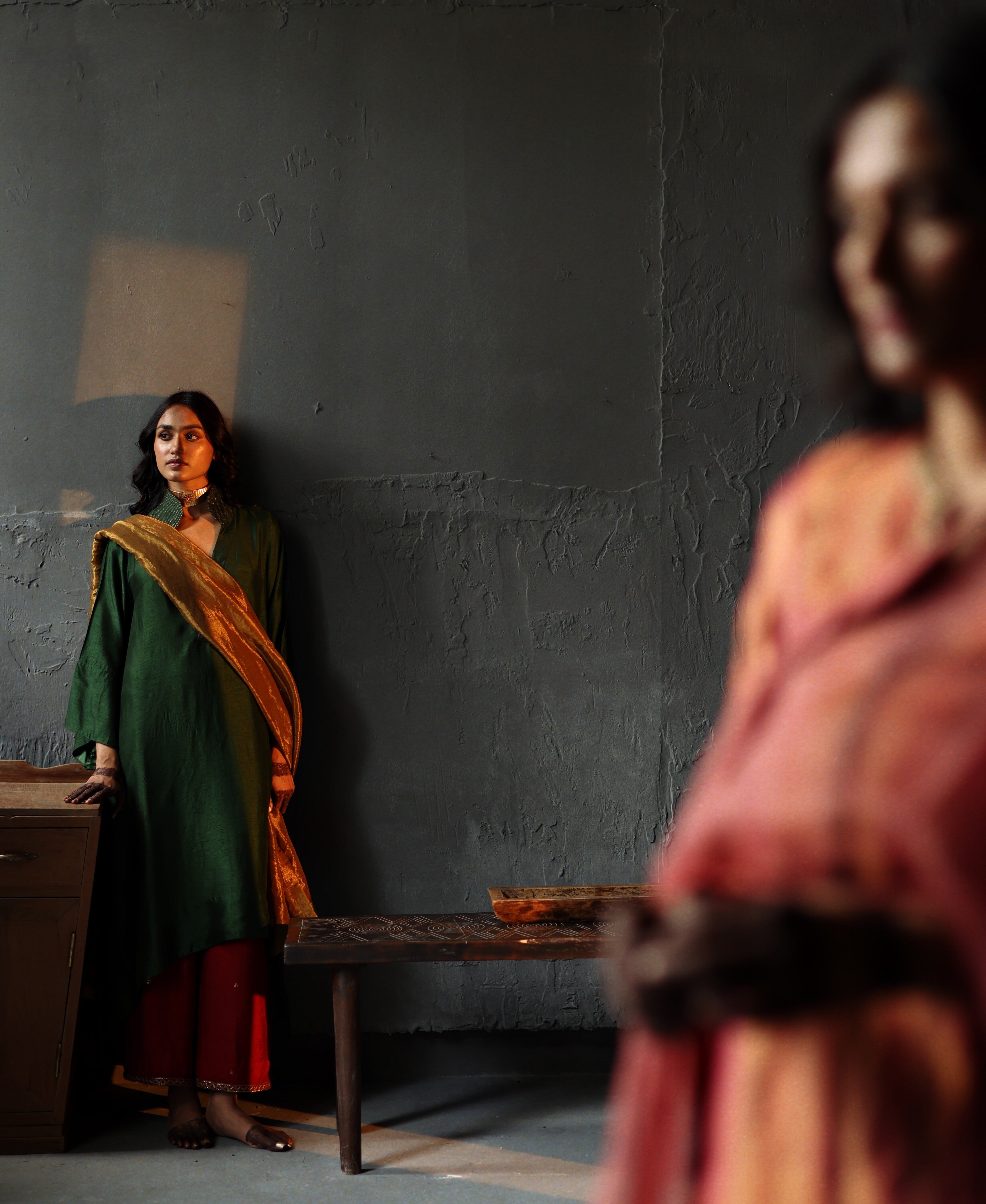 Ooch Neech in Emerald Green Raw Silk with Farshi