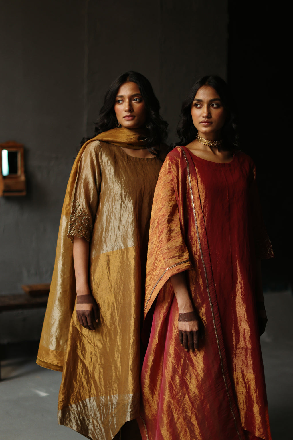 Asymmetrical Dress in Vintage Gold Tissue with Pants