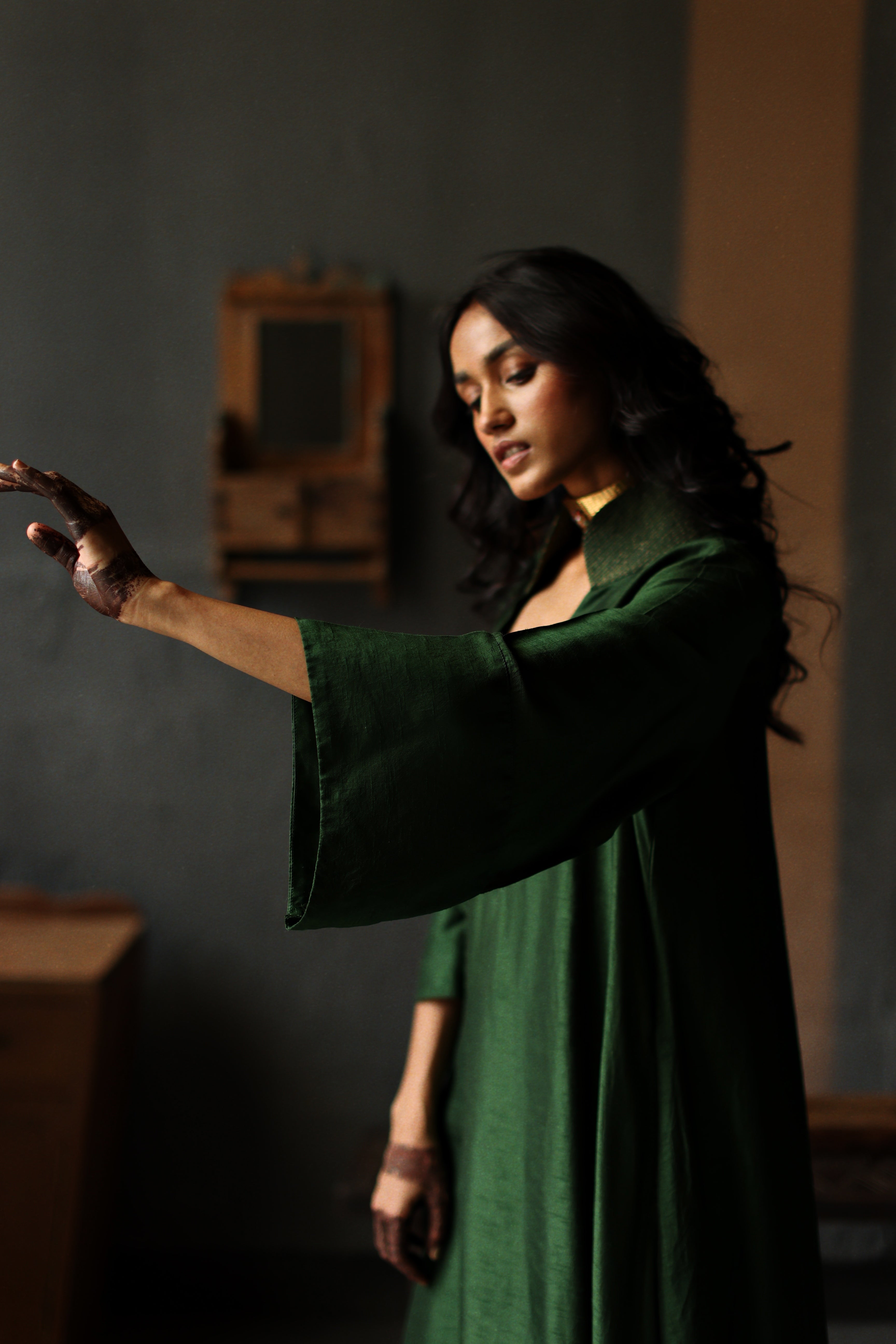 Ooch Neech in Emerald Green Raw Silk with Farshi